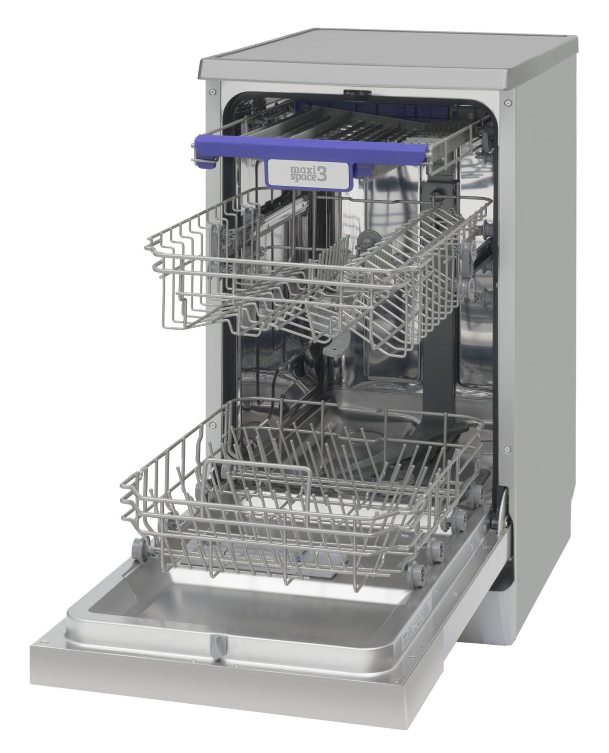 Geöffnete Spülmaschine mit zwei Racks, aus Edelstahl, mit blauem Griff.