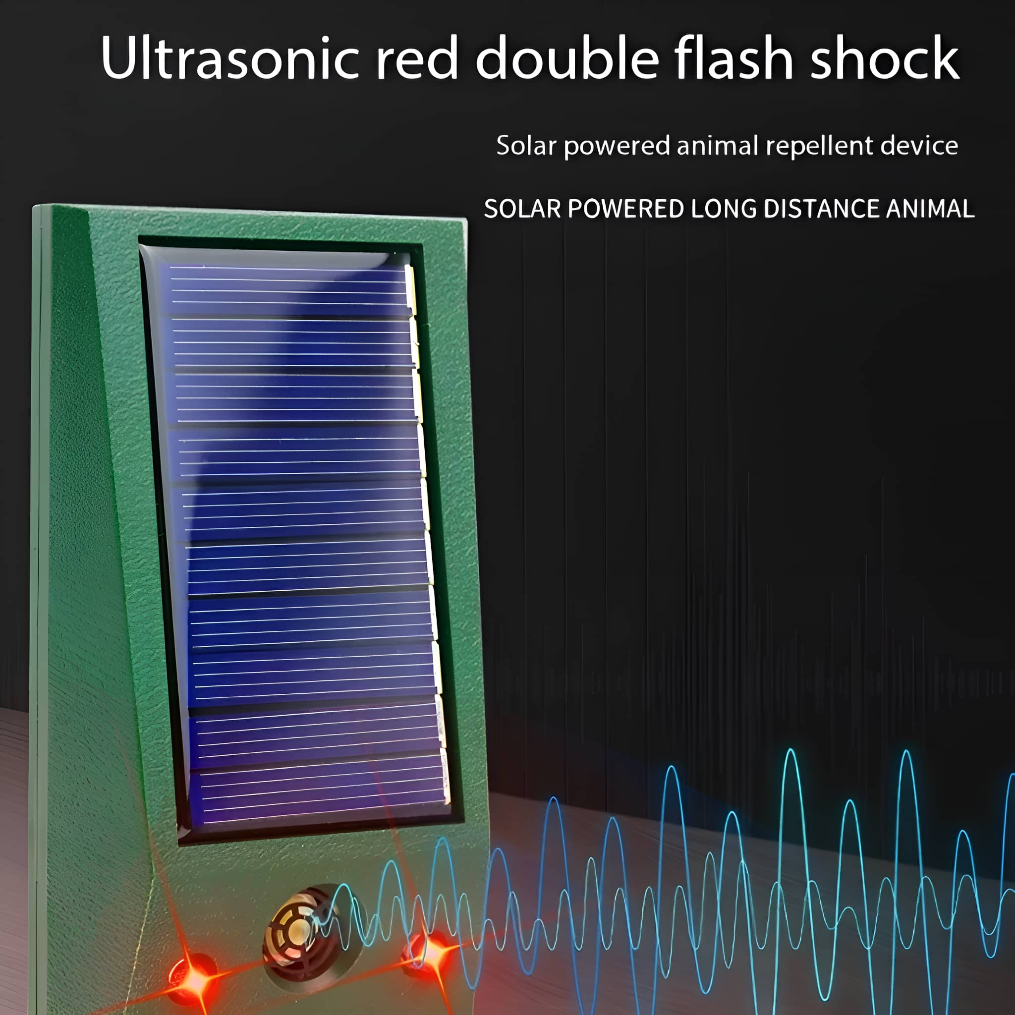 Solarbetriebenes Tierabwehrgerät mit Solarpanel und roten Lichtern auf schwarzem Hintergrund.
