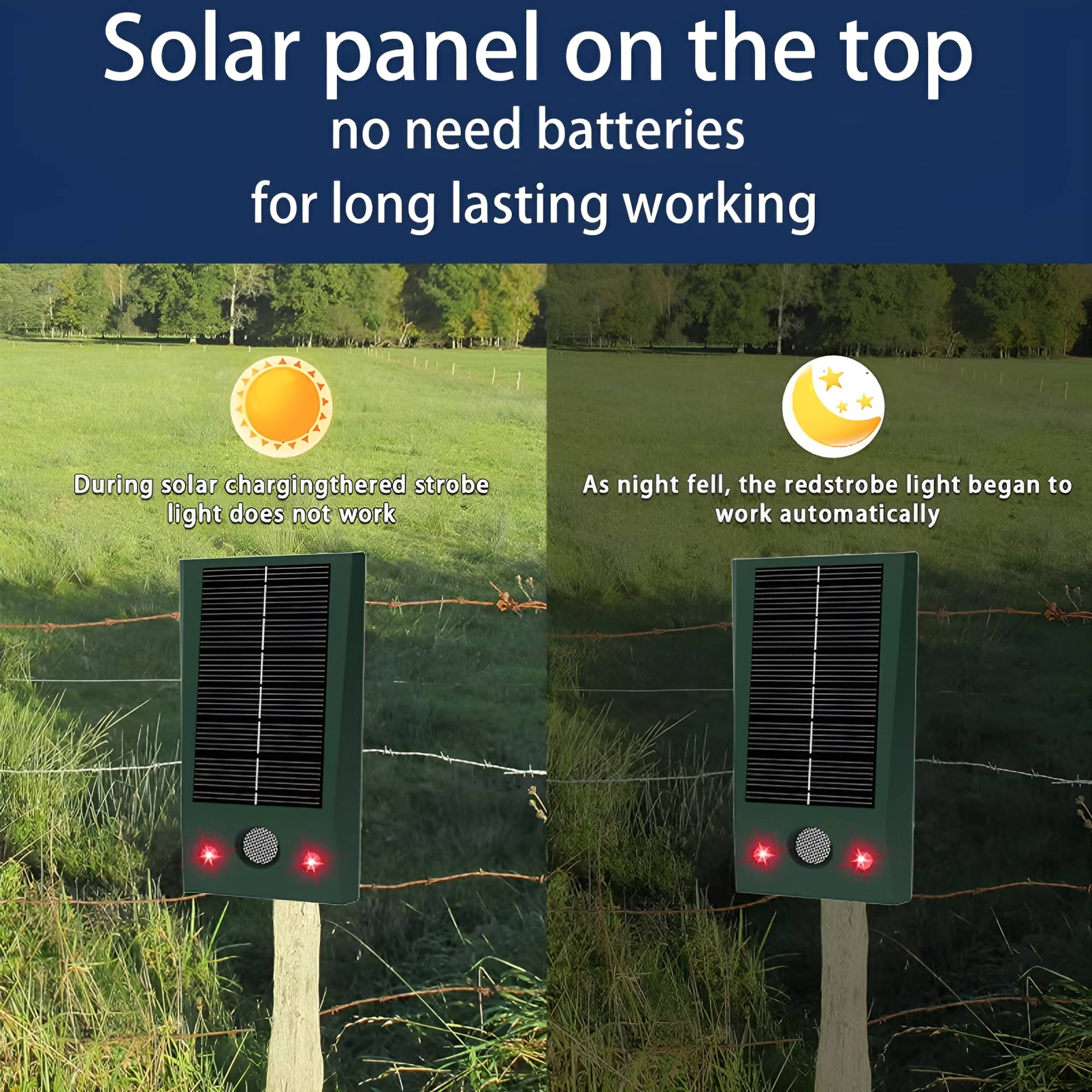 Solarpanel auf Pfahl im Feld, mit Tages- und Nachtansicht.