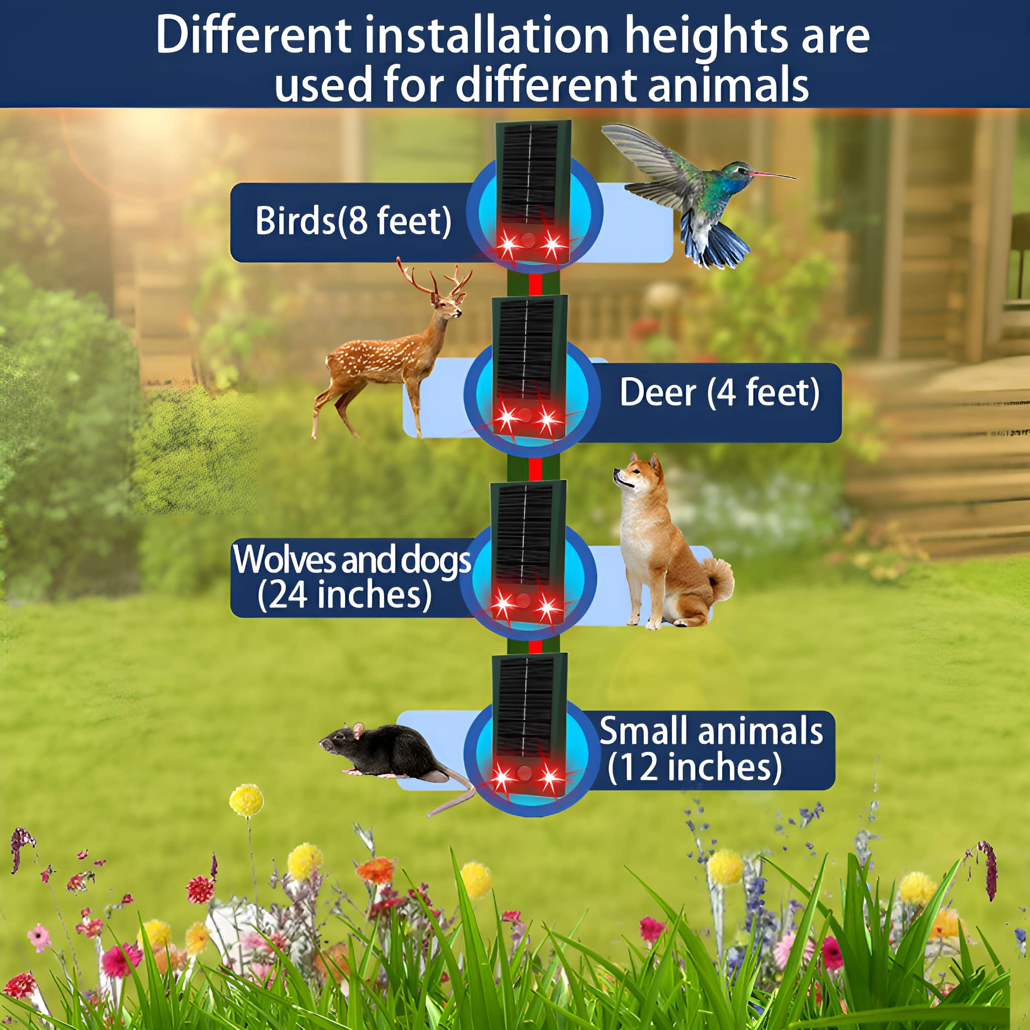 Diagramm, das verschiedene Installationshöhen zur Abwehr von Tieren in einem grasbewachsenen Bereich zeigt.