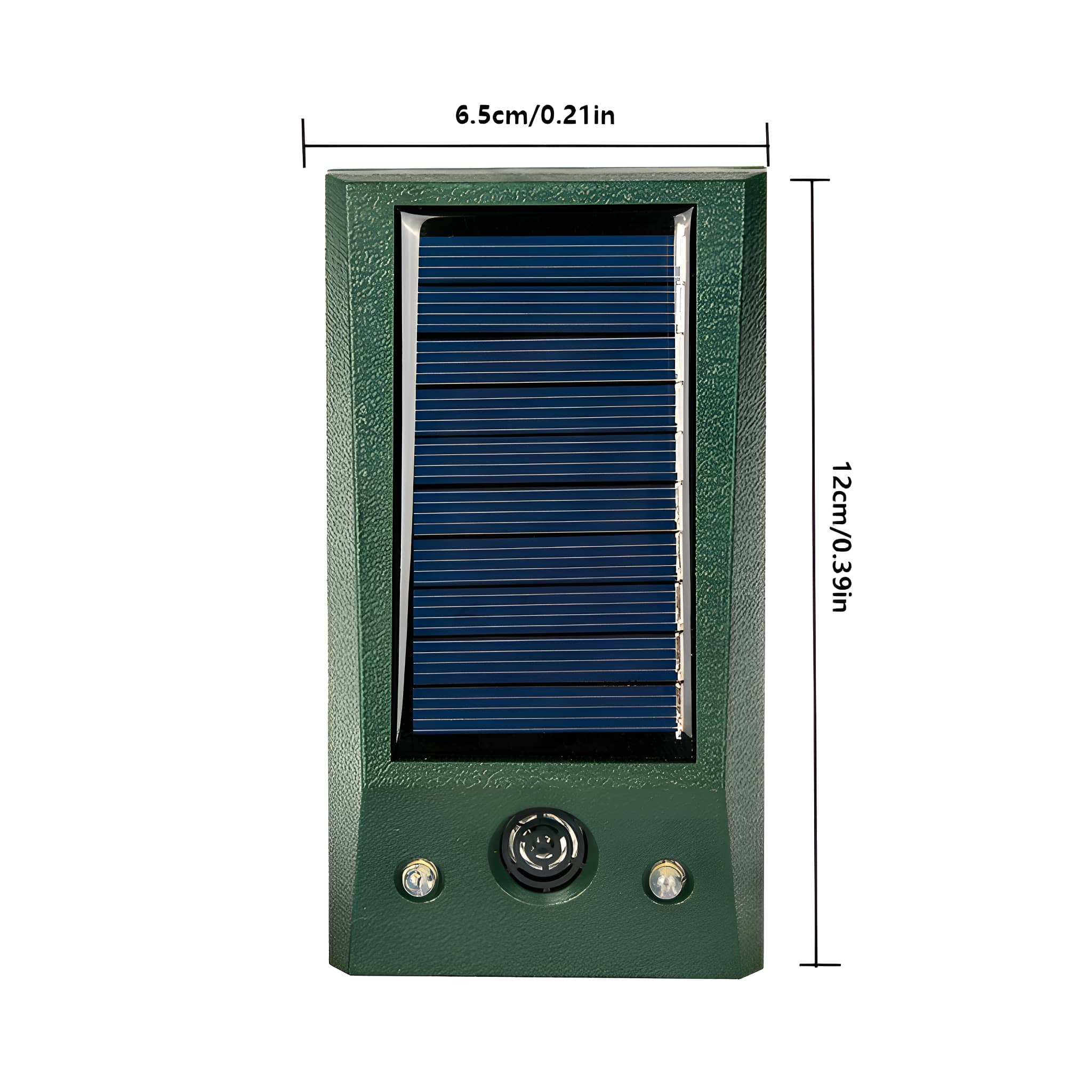Grünes rechteckiges solarbetriebenes Gerät mit einem Solarpanel. Es hat zwei Lichter und einen Sensor.