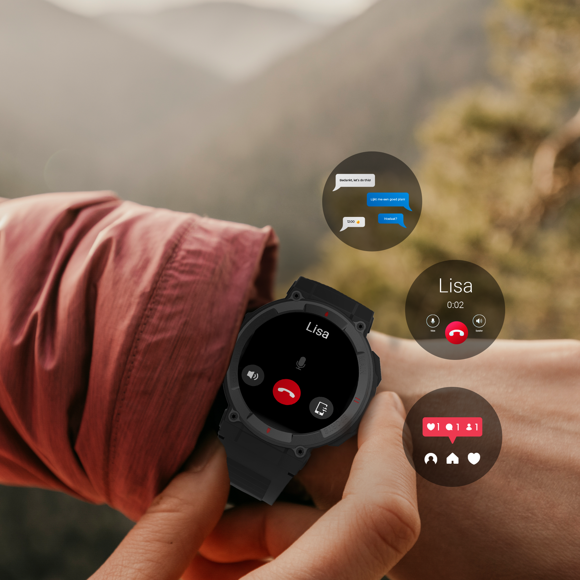 Smartwatch nero al polso, mostra chiamata da 'Lisa' e altre icone.