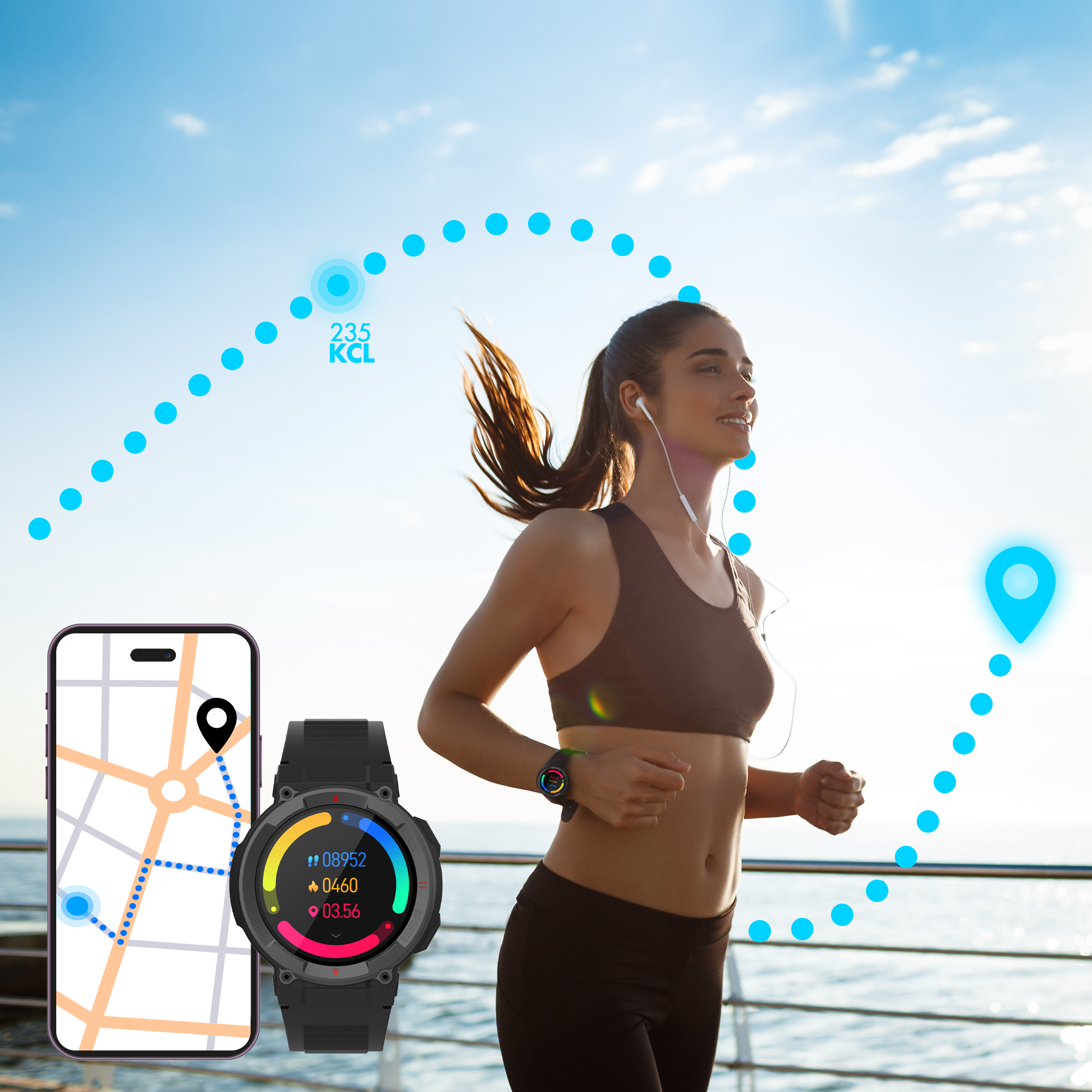 Donna che corre, con smartwatch e telefono su interfaccia mappa.