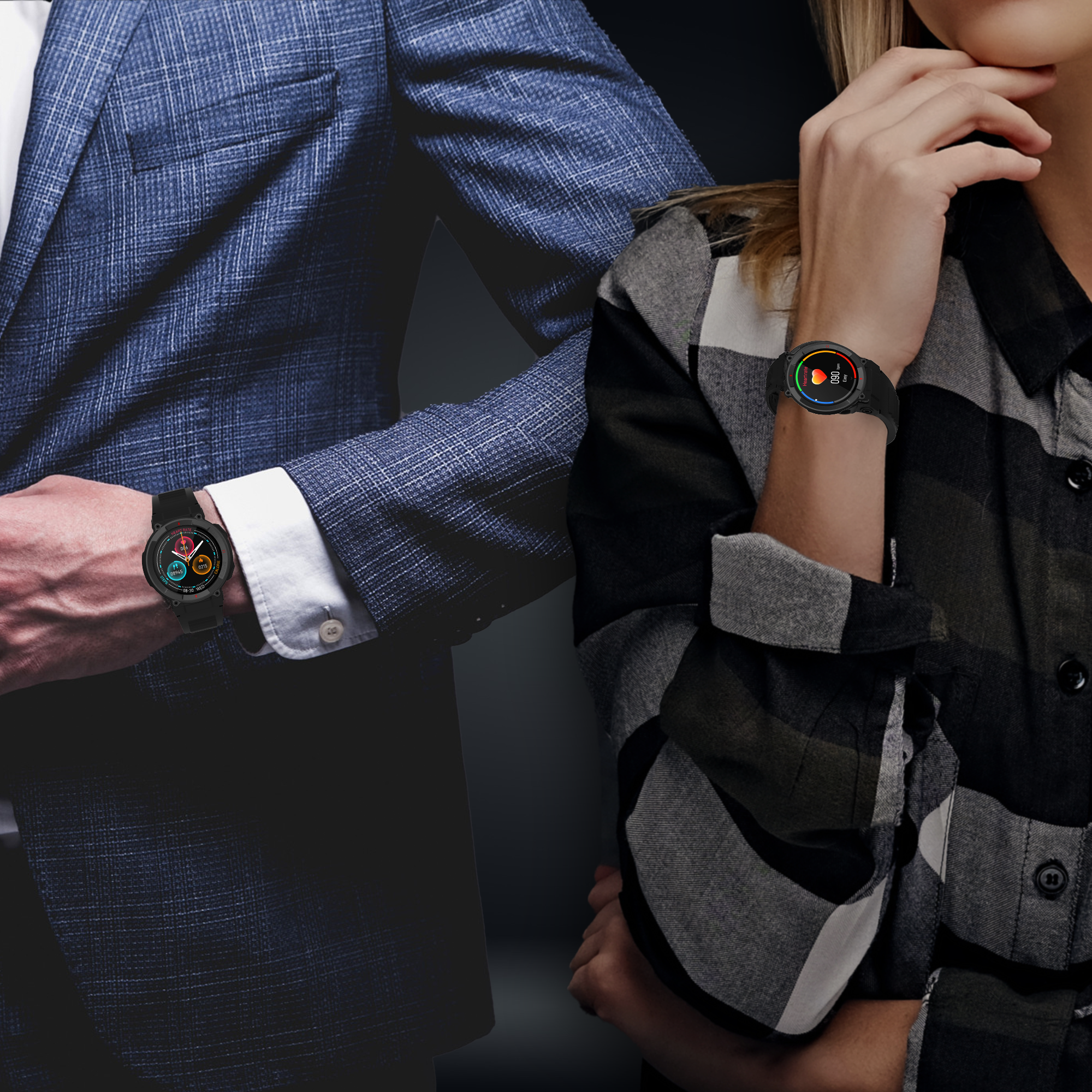 Due persone che indossano smartwatch neri. Uno indossa un abito, l'altro una camicia a quadri, su uno sfondo scuro.