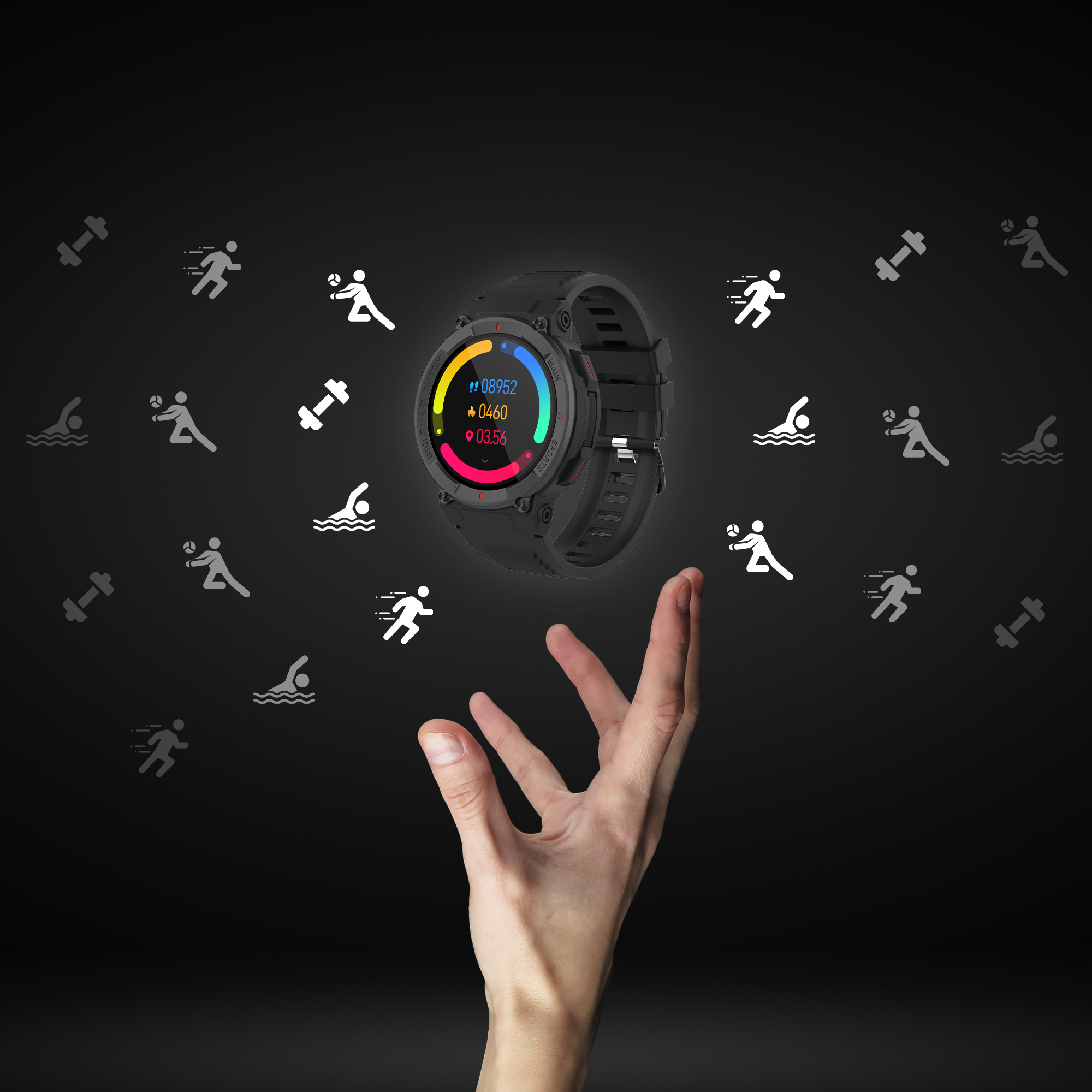 Smartwatch nero con una mano che si avvicina. Icone di attività fisica intorno.