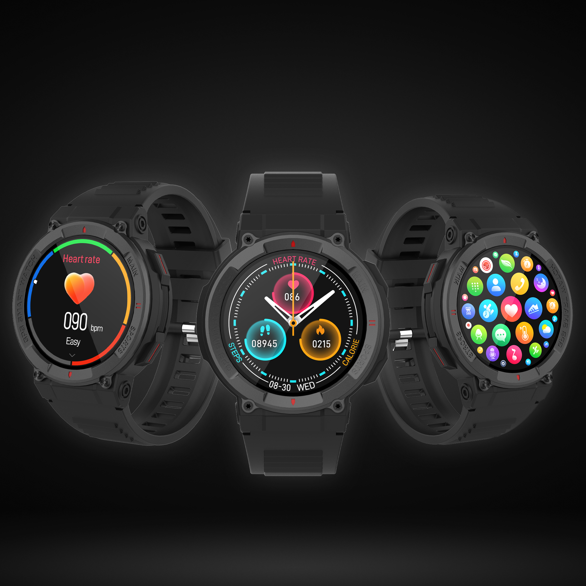 Tre smartwatch neri con diverse interfacce sui loro schermi.