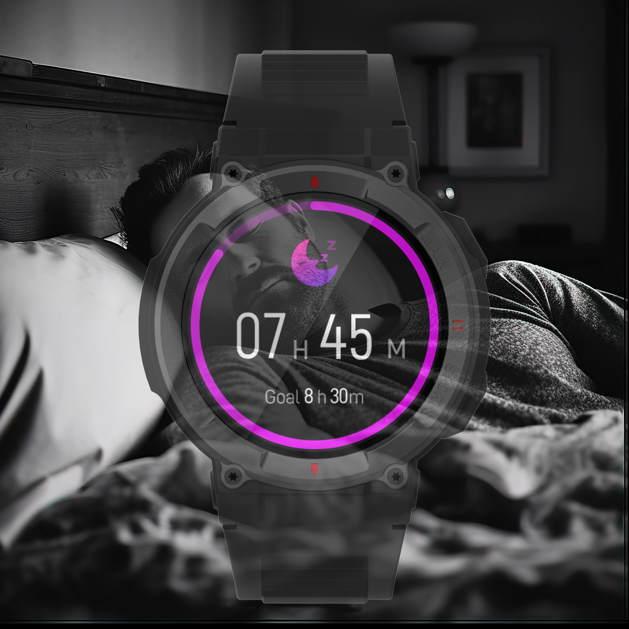 Uno smartwatch mostra i dati del sonno con l'ora. Un uomo dorme sullo sfondo.