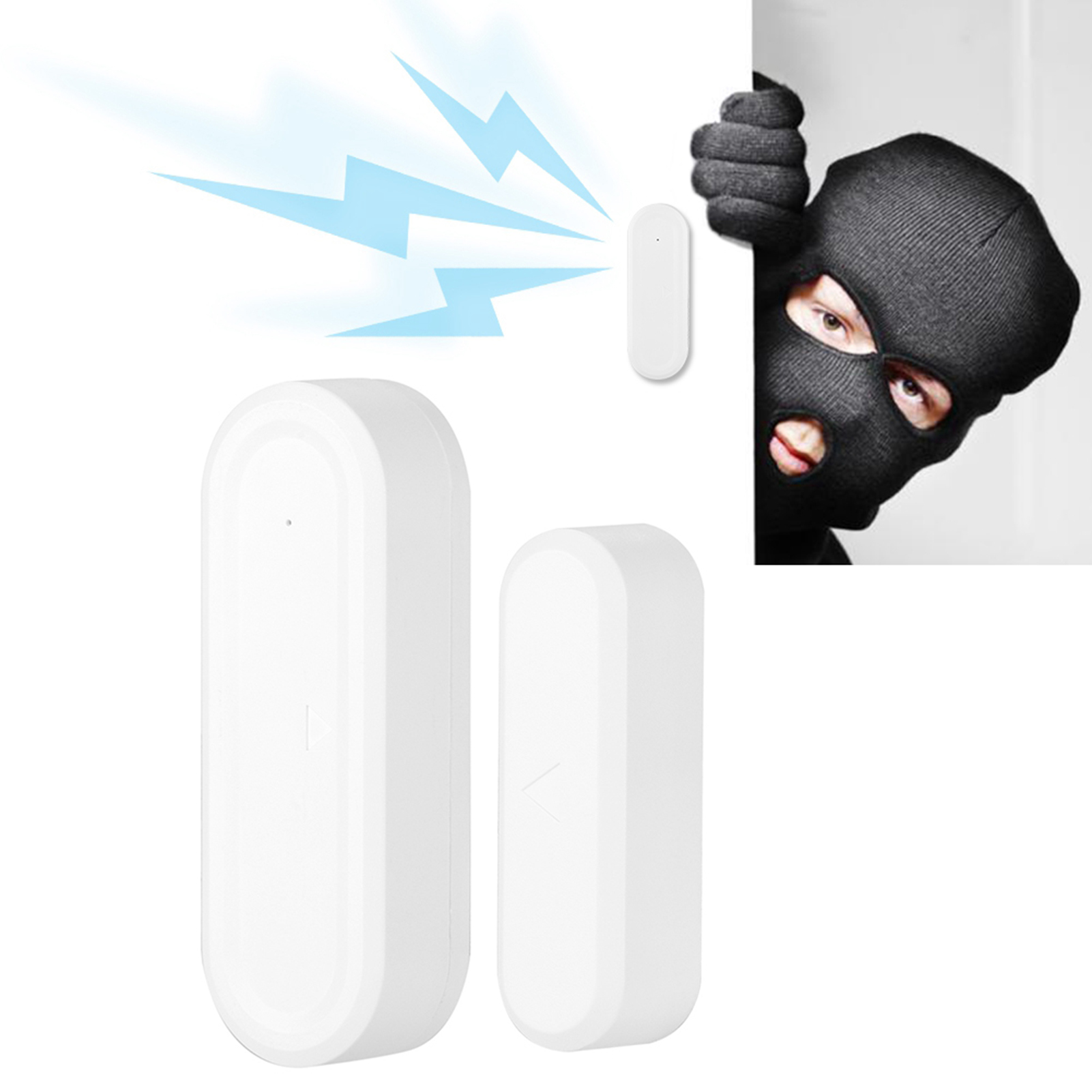 Zwei weiße Sensoren mit einem Einbrecher, der über eine Mauer späht, sowie Blitzsymbolen.