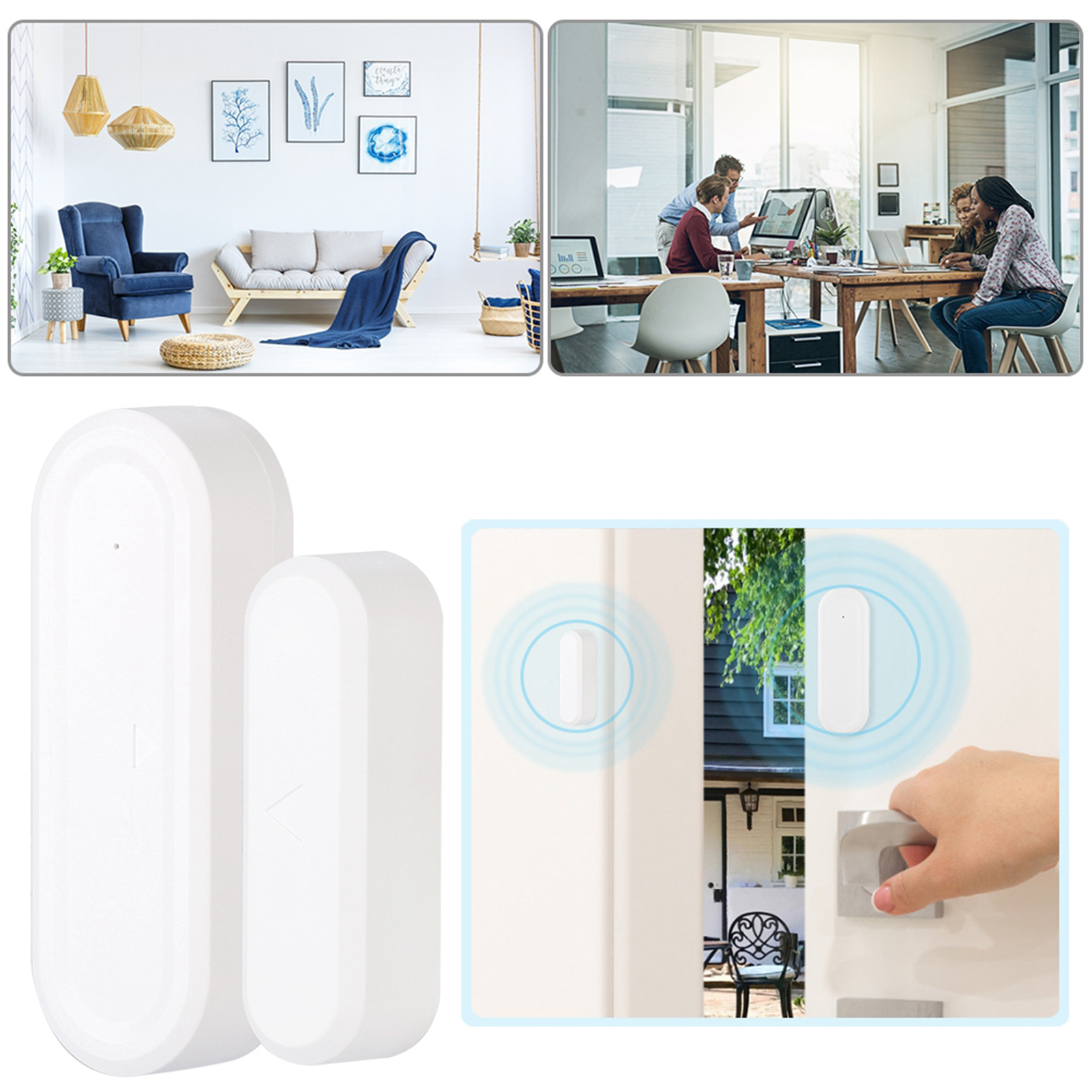 Bilder von einem Haus und einem Büro mit Smart-Home-Sicherheitssensoren an Türen und Fenstern.