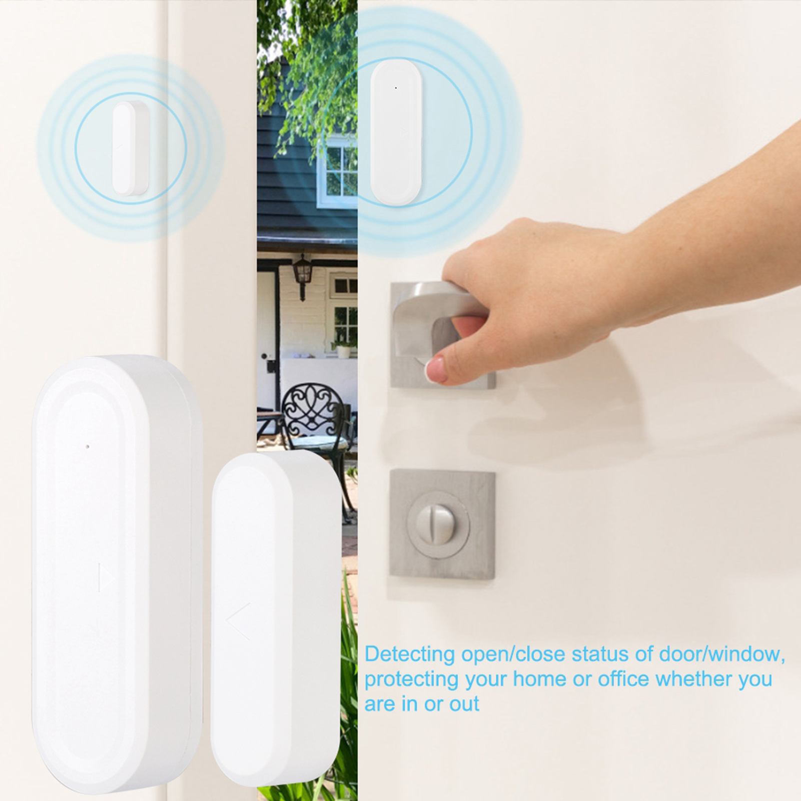 Weißer Türsensor mit einer Person, die eine Tür öffnet. Haus im Hintergrund.
