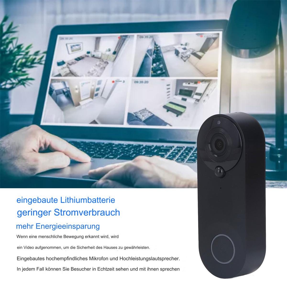 Schwarze Türklingelkamera neben einem Laptop, der Sicherheitsaufnahmen anzeigt.