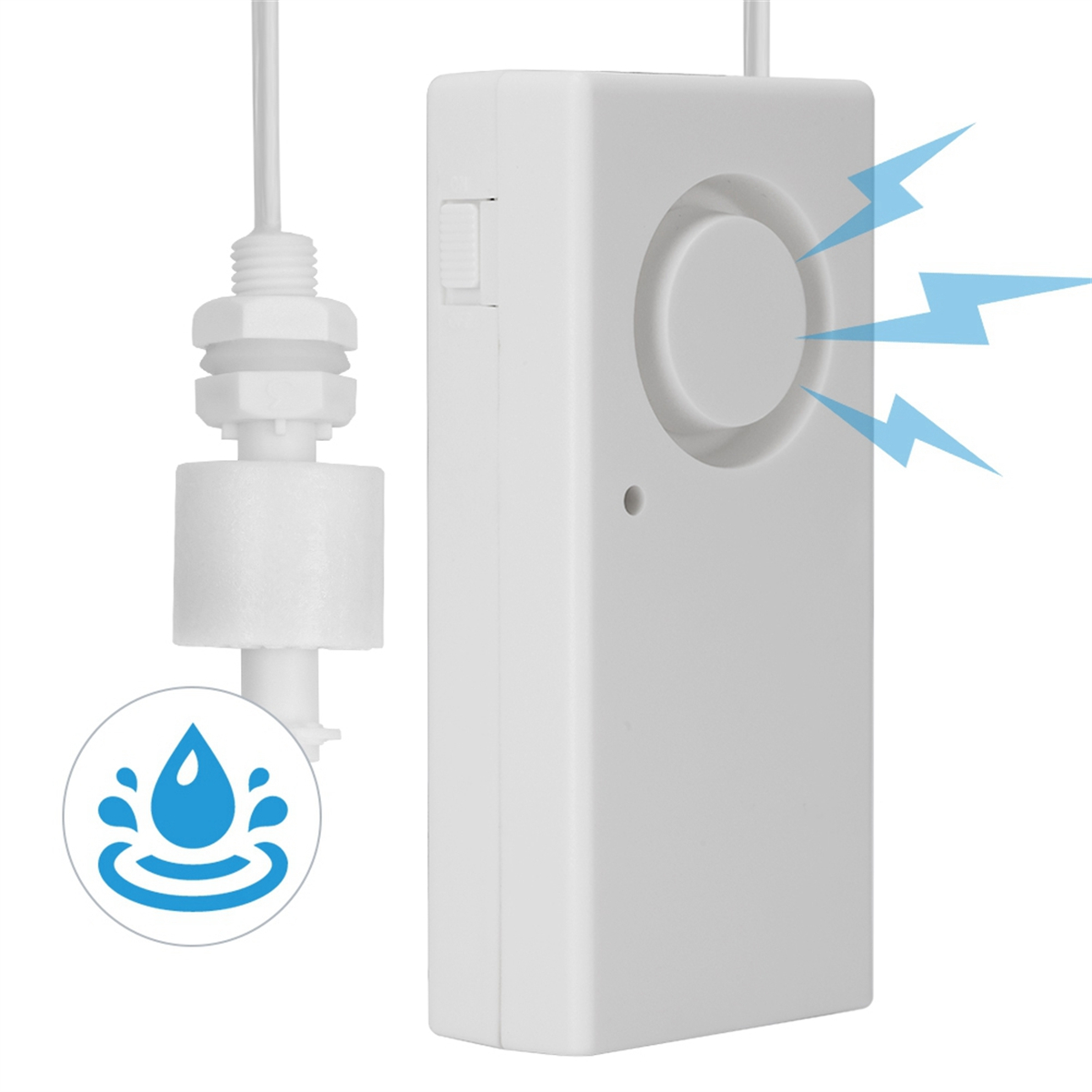 Weißer Wassersensor mit Wassertropfensymbol und blauen Blitzsymbolen.