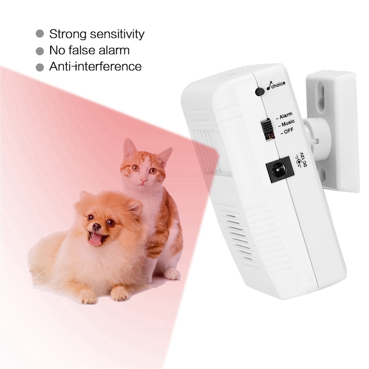 Weißes Sicherheitsgerät mit Katze und Hund und rotem Lichtstrahl. Text sagt hohe Empfindlichkeit, kein Fehlalarm.