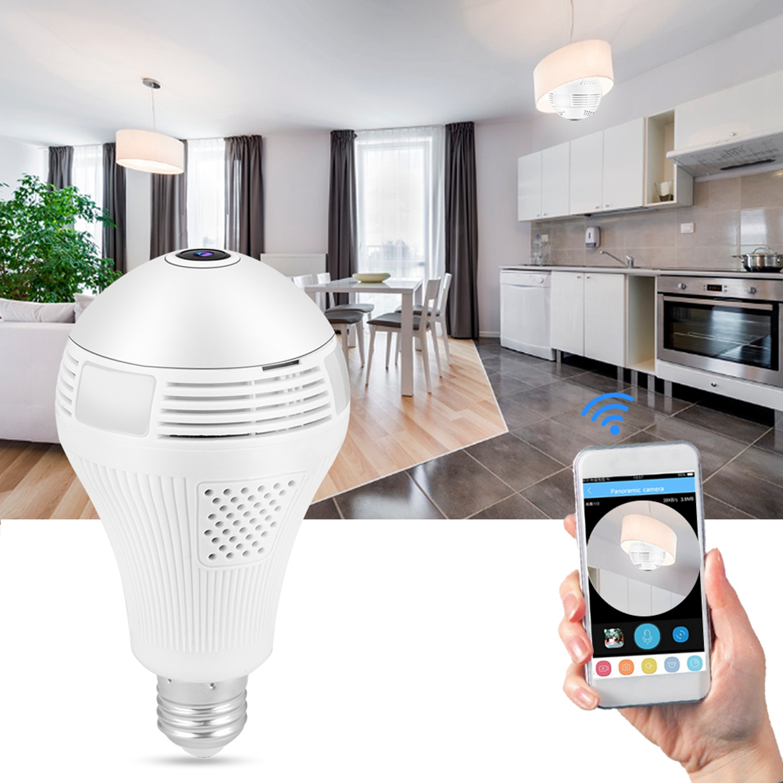 Weiße, birnenförmige Überwachungskamera in einem Haus. Smartphone zeigt Ansicht.
