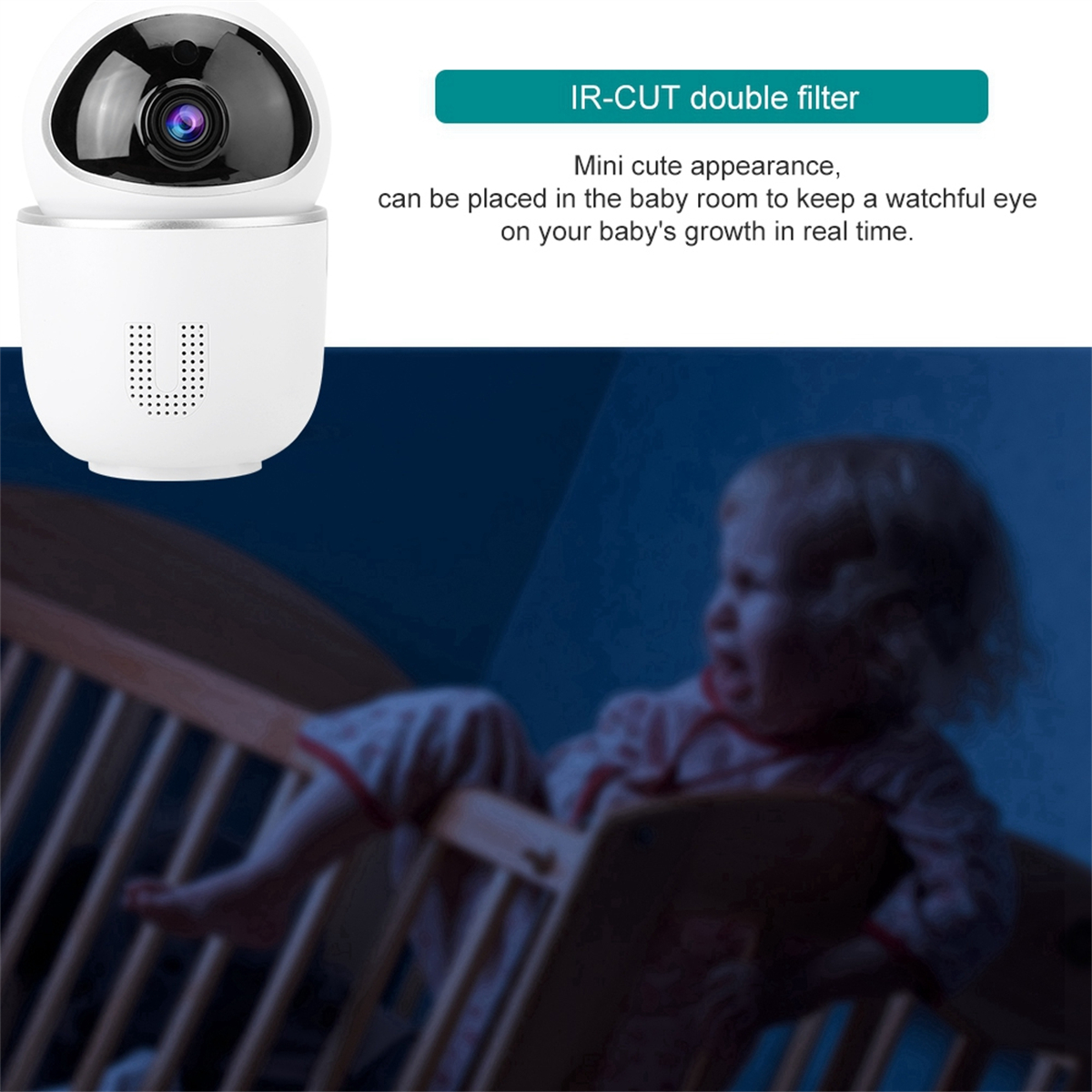Weiße Überwachungskamera mit einem Baby im Hintergrund im Kinderbett.