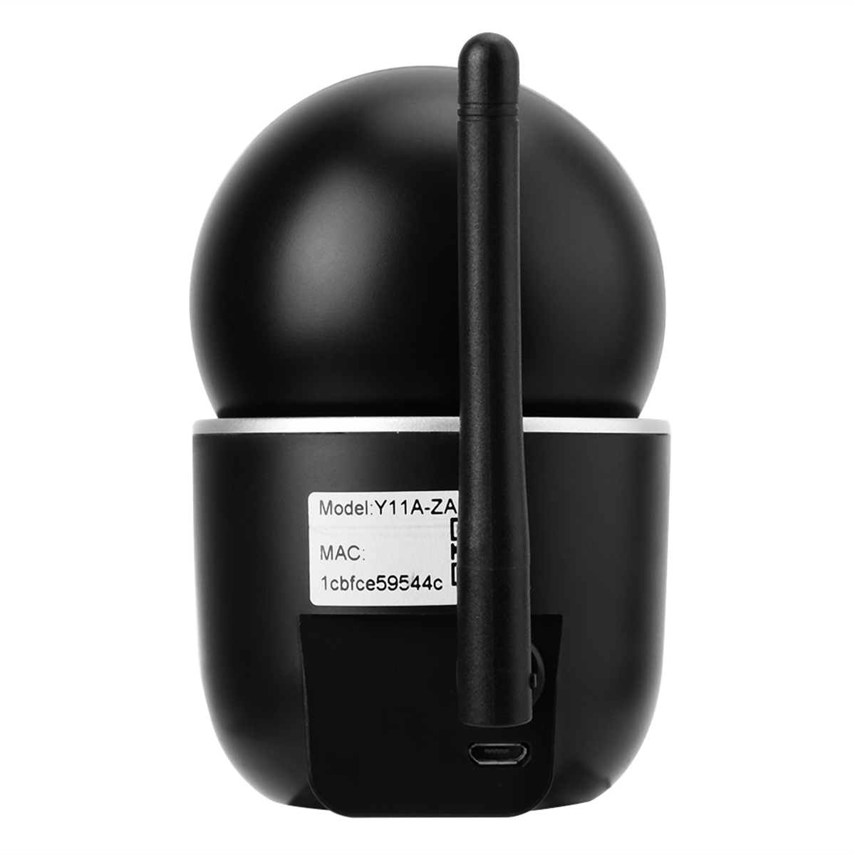 Schwarze Überwachungskamera mit rundem Kopf, Antenne und Aufkleber mit Model- und MAC-Info.