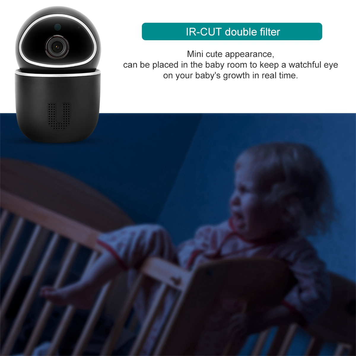 Schwarz-weiße Babyphone-Kamera. Im Hintergrund liegt ein Baby im Kinderbett.