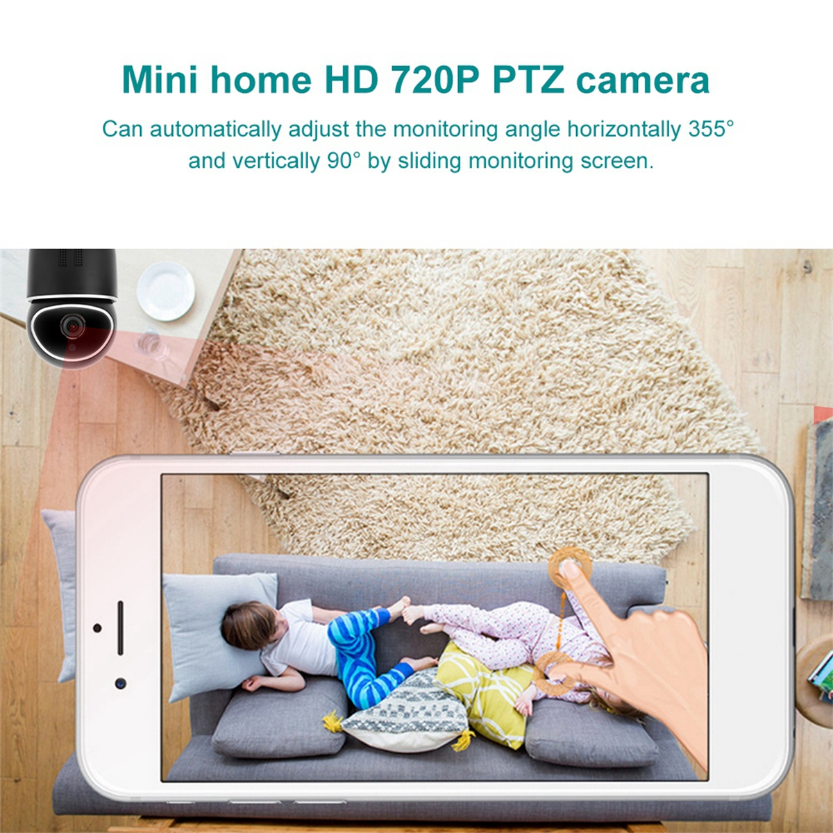 Eine Heimsicherheitskamera auf einem Tisch, mit einem Telefon, das eine Live-Ansicht von Kindern auf einem Sofa zeigt.