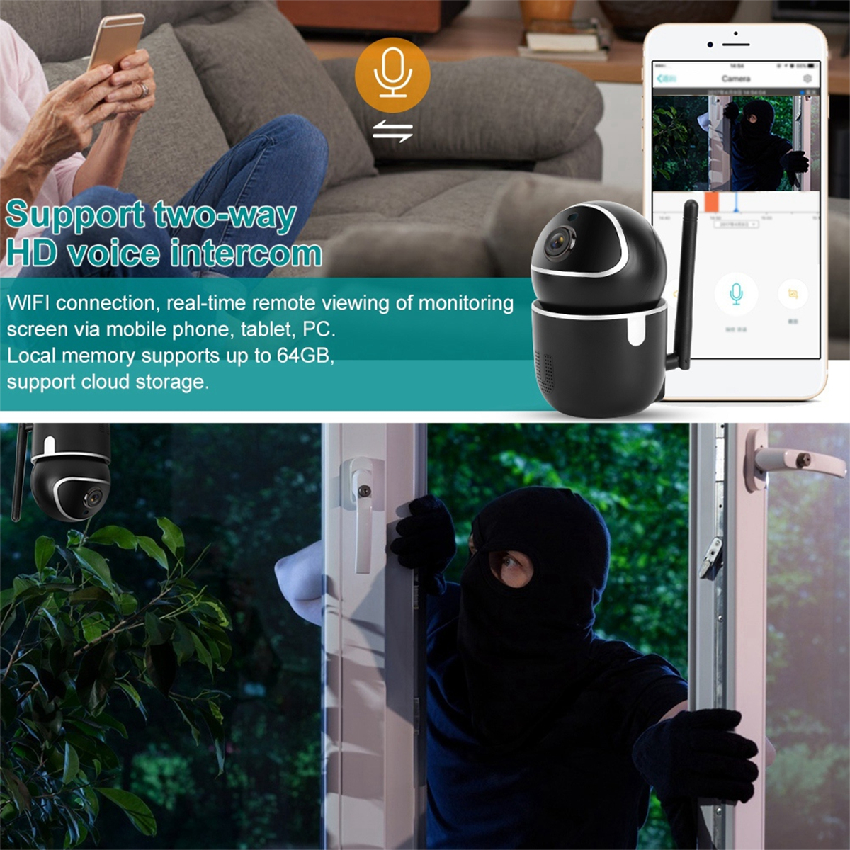 Ein Überwachungskamerasystem, das eine Live-Ansicht eines Hauseinbruchs auf einem Smartphone-Bildschirm zeigt.