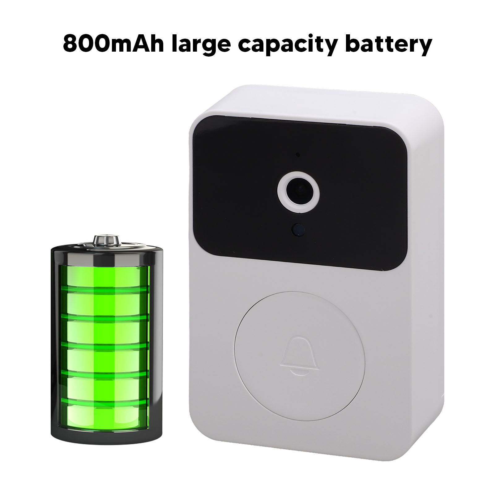 Weiße Türklingel mit schwarzem Sensorbereich und grüner Batterie links. Text: 800mAh große Akkukapazität.