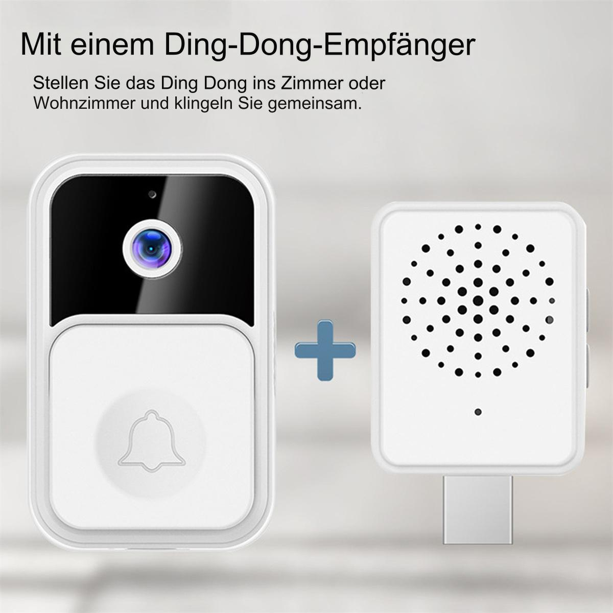 Weiße Türklingel und Empfänger. Der Empfänger hat einen USB-Anschluss. Blaues Pluszeichen.