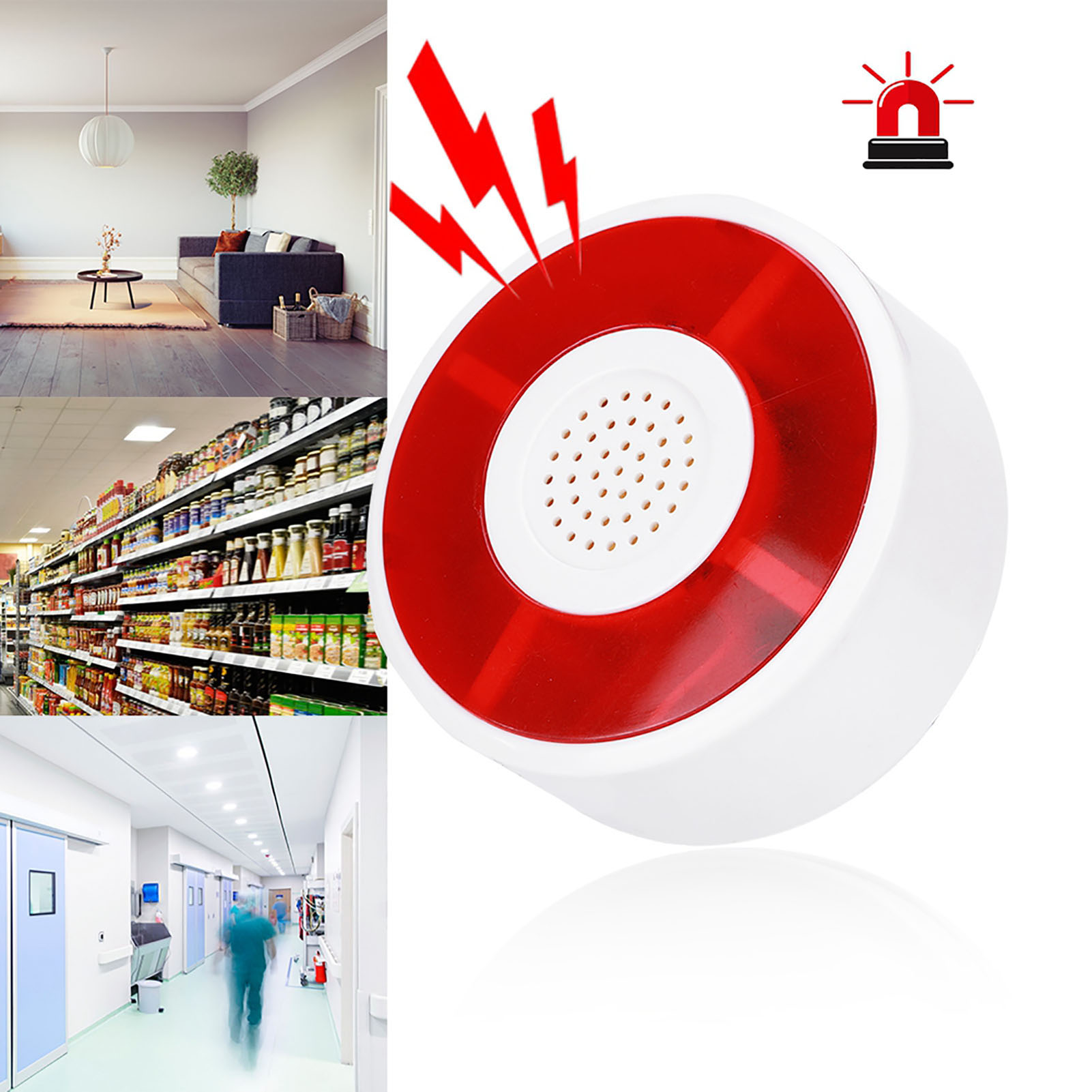 Ein rot-weißer Alarm mit Sirenen-Symbol und verschiedenen Szenen: Wohnzimmer, Lebensmittelgeschäft und Flur.