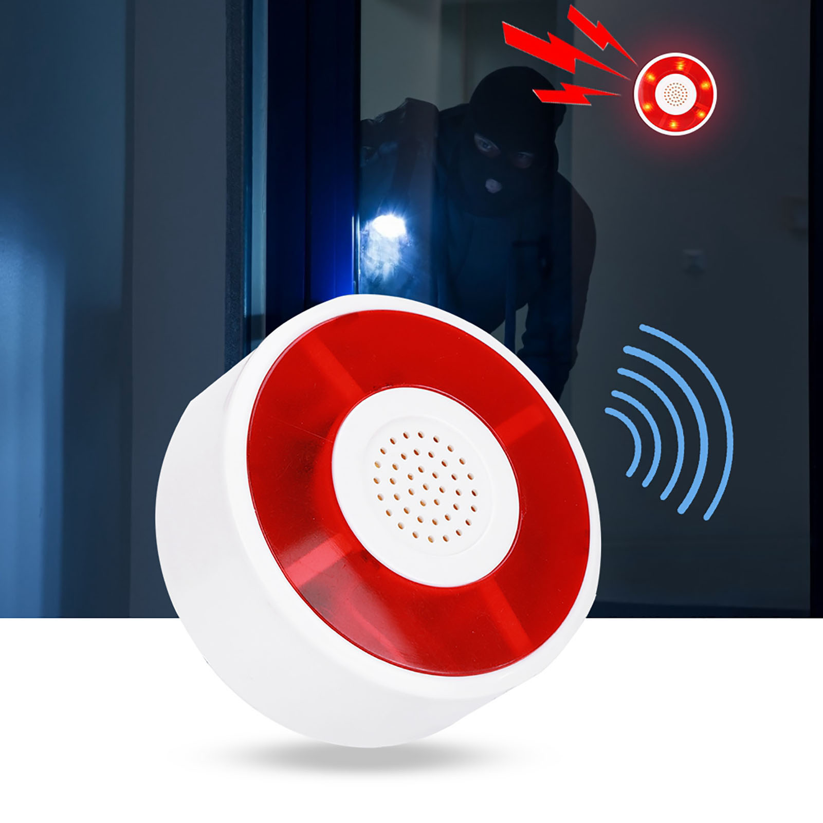 Einbrecherszene mit rotem Alarm, blinkenden Lichtern und einer Person mit Maske im Türrahmen.