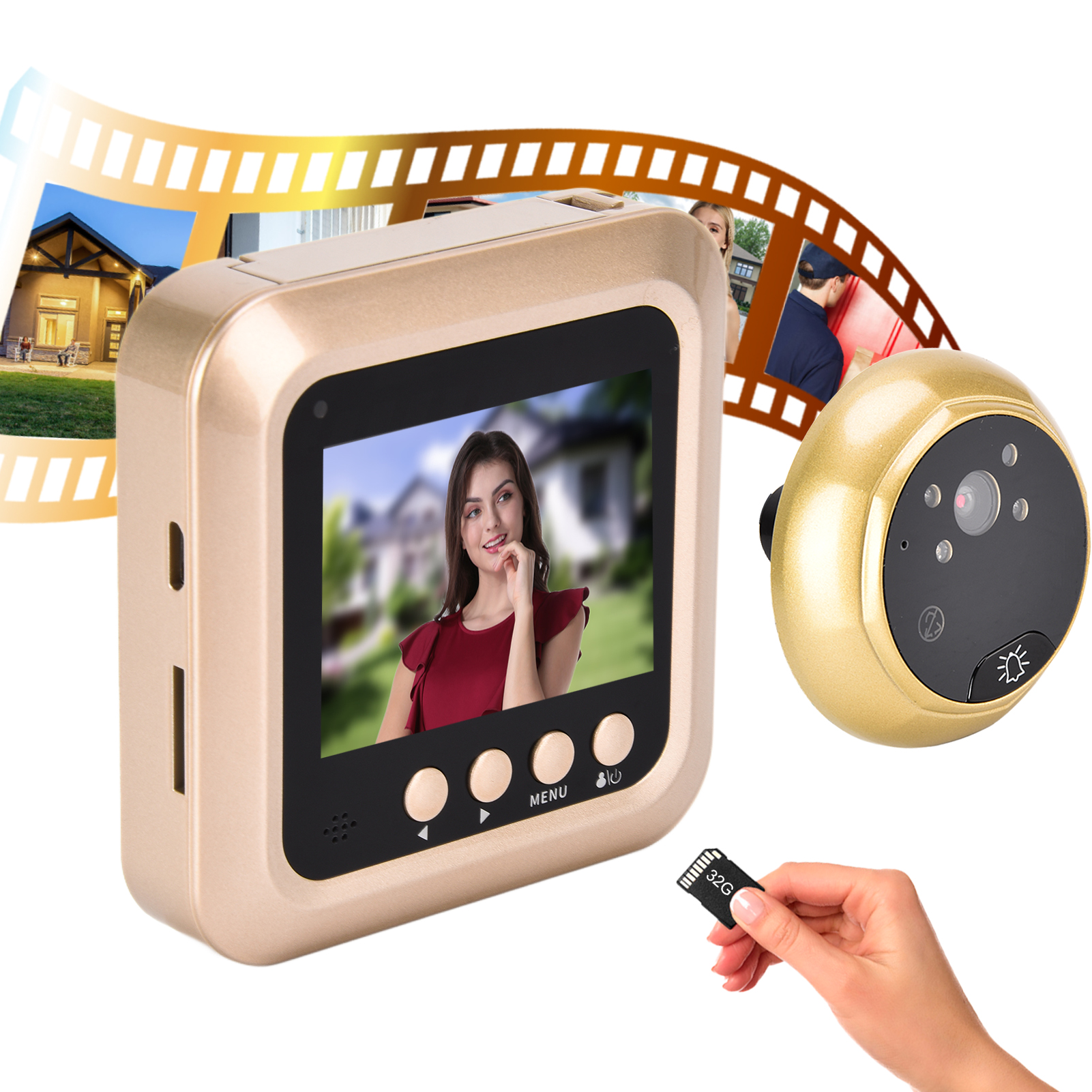 Goldene Türklingel mit Bildschirm, der eine Frau, eine Hand mit SD-Karte und Filmstreifen zeigt.