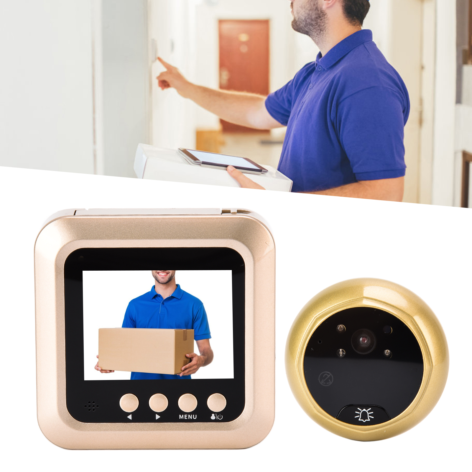 Eine Person schaut auf einen Türspion-Bildschirm. Der Bildschirm zeigt eine Person mit einer Box. Ein Türspion ist auch sichtbar.