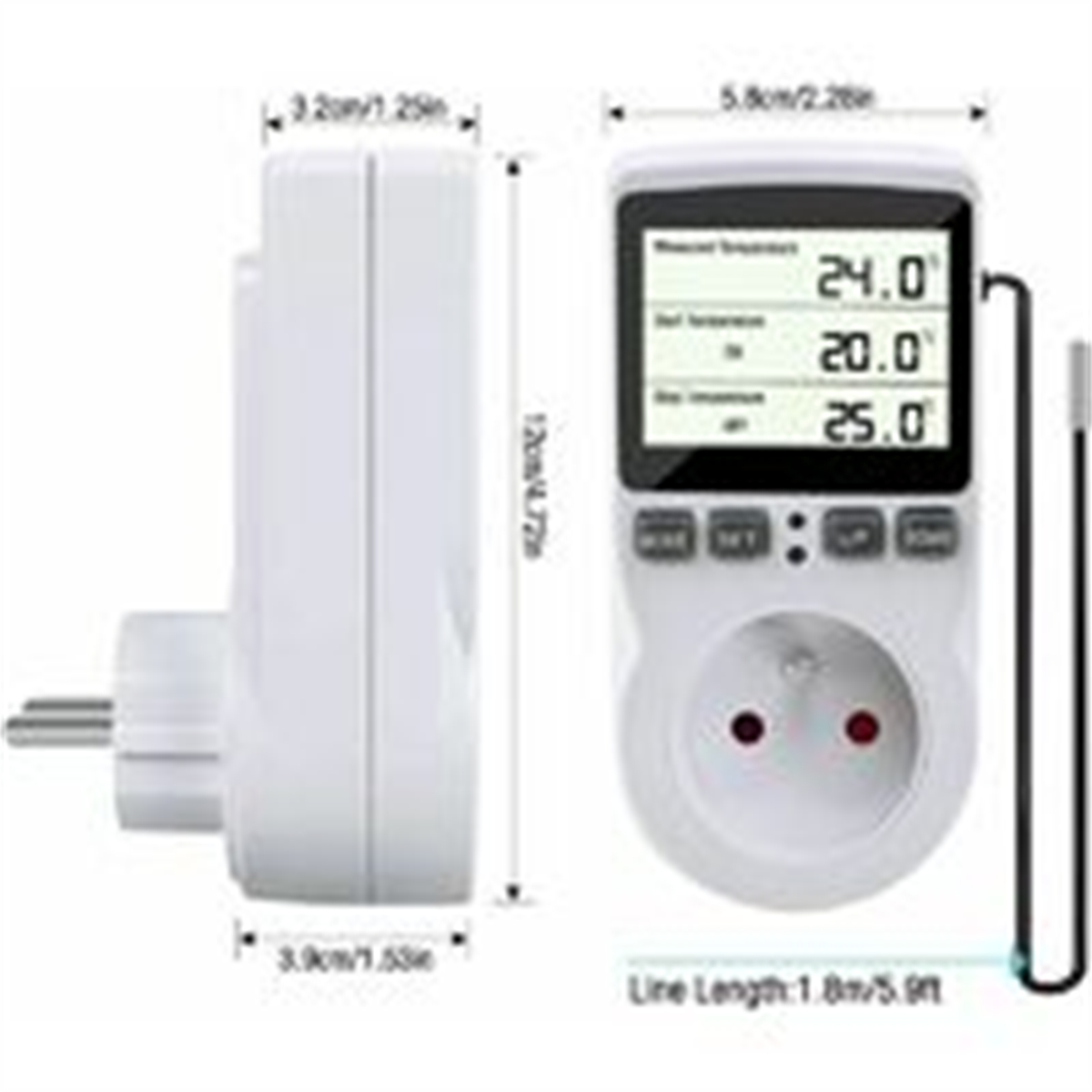 Ein weißes Steckdosen-Thermometer mit Display, Maße in mm und Zoll werden angezeigt.