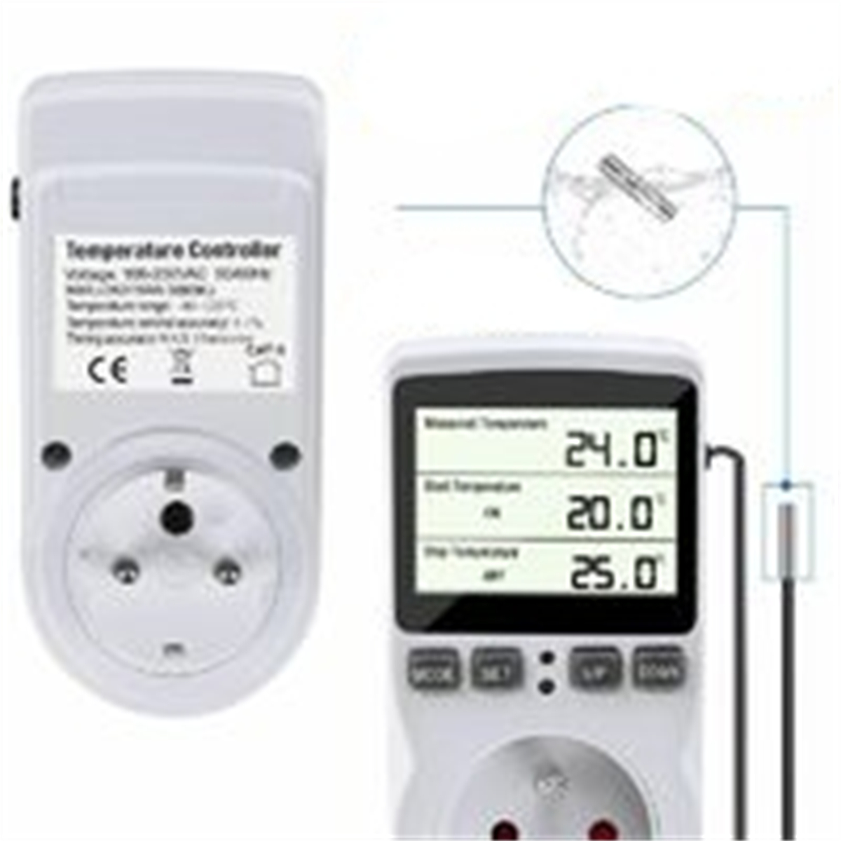 Ein weißer Temperaturregler, der in eine Steckdose eingesteckt ist. Zeigt eine Temperatur von 24,0° und 20,0° an.