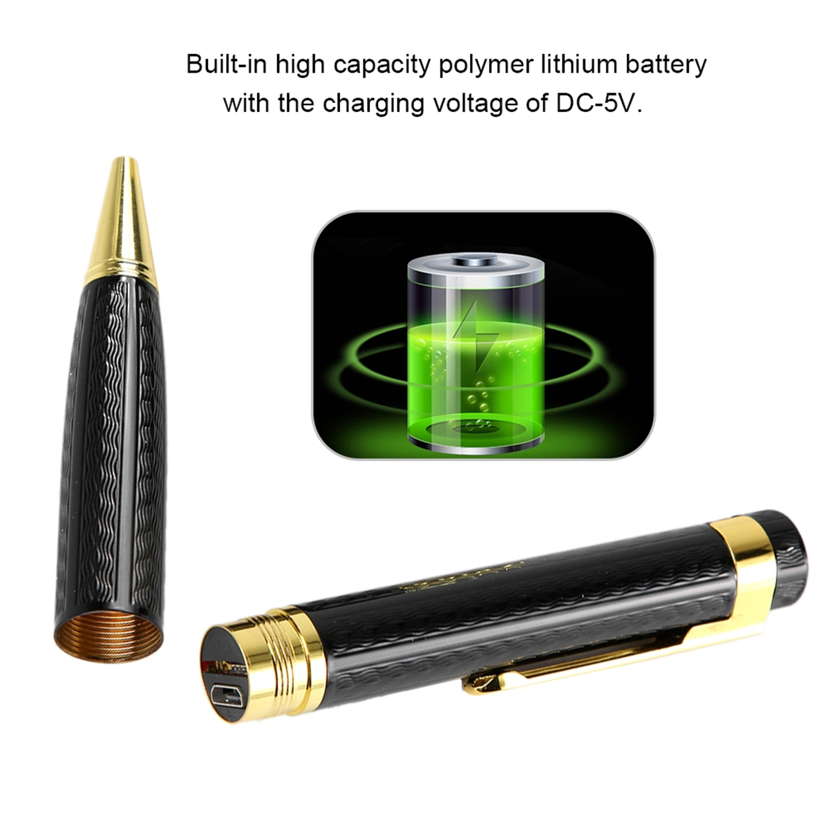 Ein schwarzer Stift mit goldenen Akzenten, einer Batterie-Grafik und USB-Anschluss.