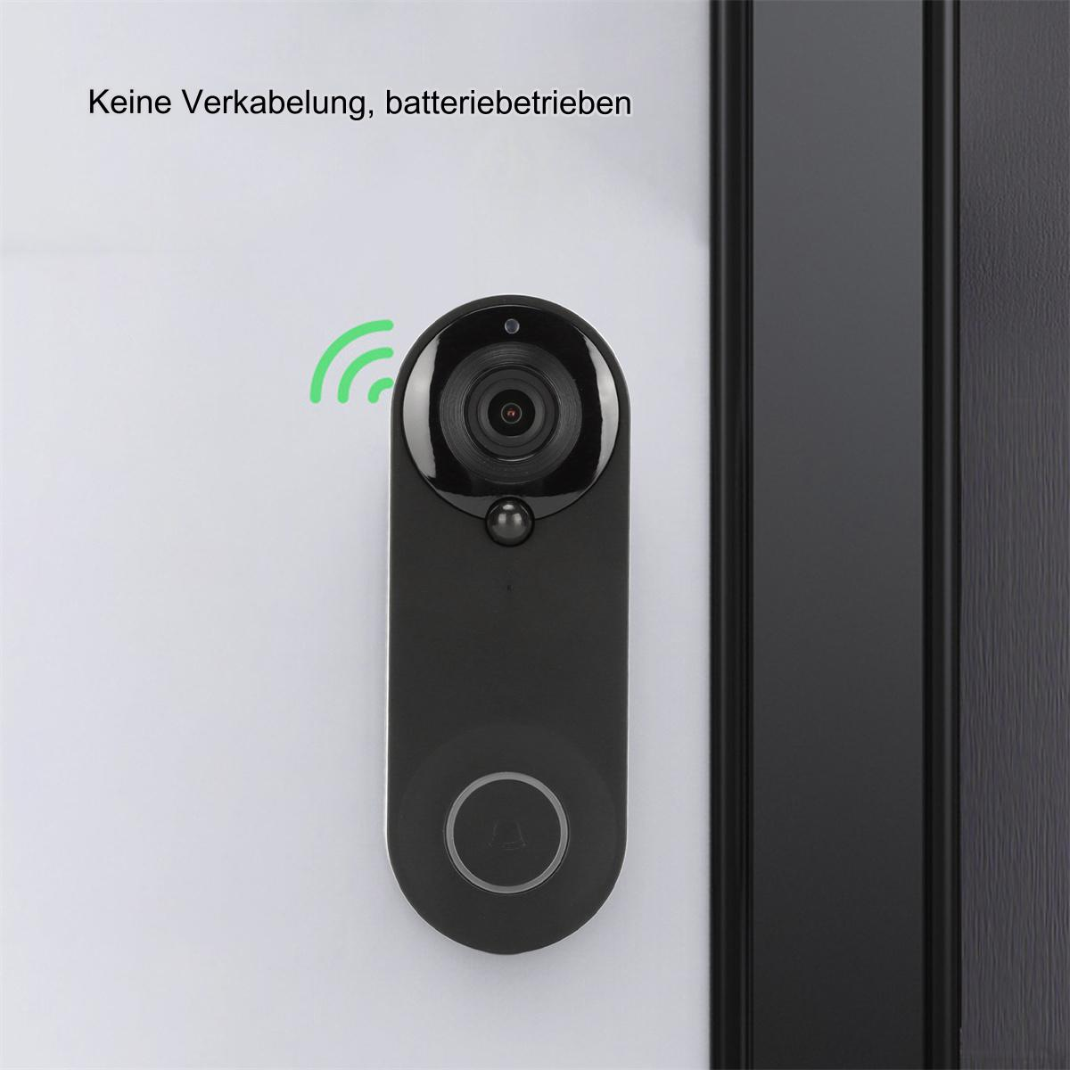 Schwarze Türklingel-Kamera. Eine schwarze Kamera mit einer Klingeltaste, montiert an einer weißen Wand, neben einem Türrahmen.