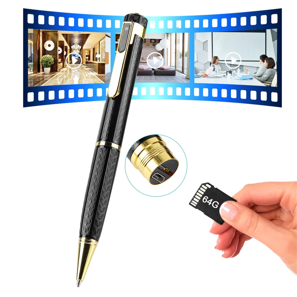 Schwarzer Stift mit goldenen Akzenten, Filmstreifen, SD-Karte und eine Hand. Der Stift scheint aufzuzeichnen.