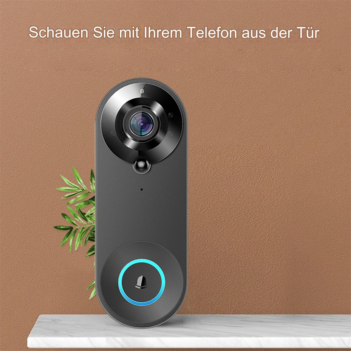 Eine schwarze Türklingel mit Kamera und blauem Licht, Text darüber.