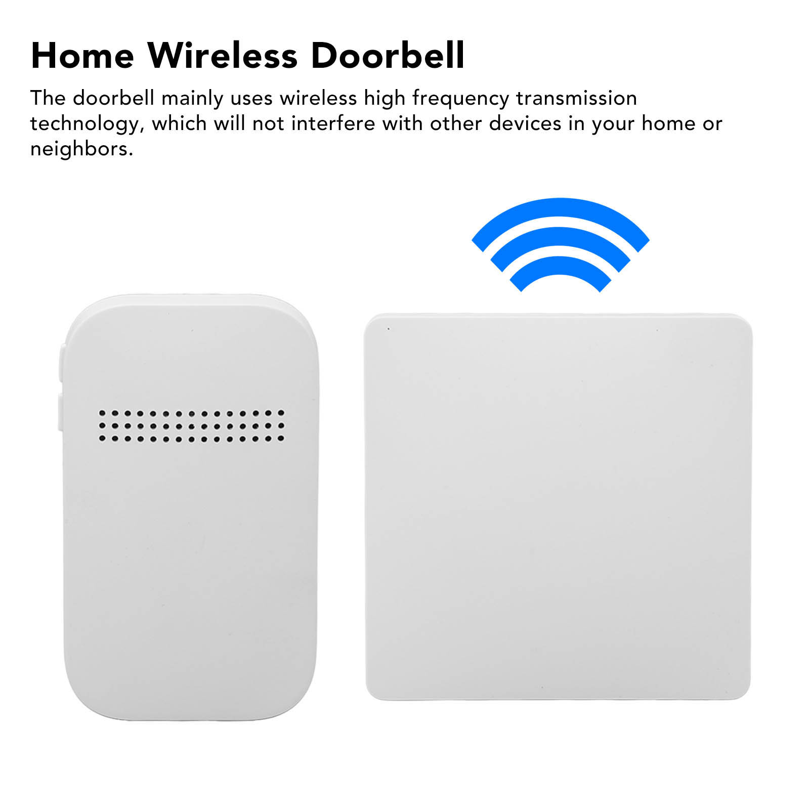 Zwei weiße drahtlose Türklingelkomponenten, ein Empfänger und ein Sender, mit einem blauen WLAN-Signal-Symbol.
