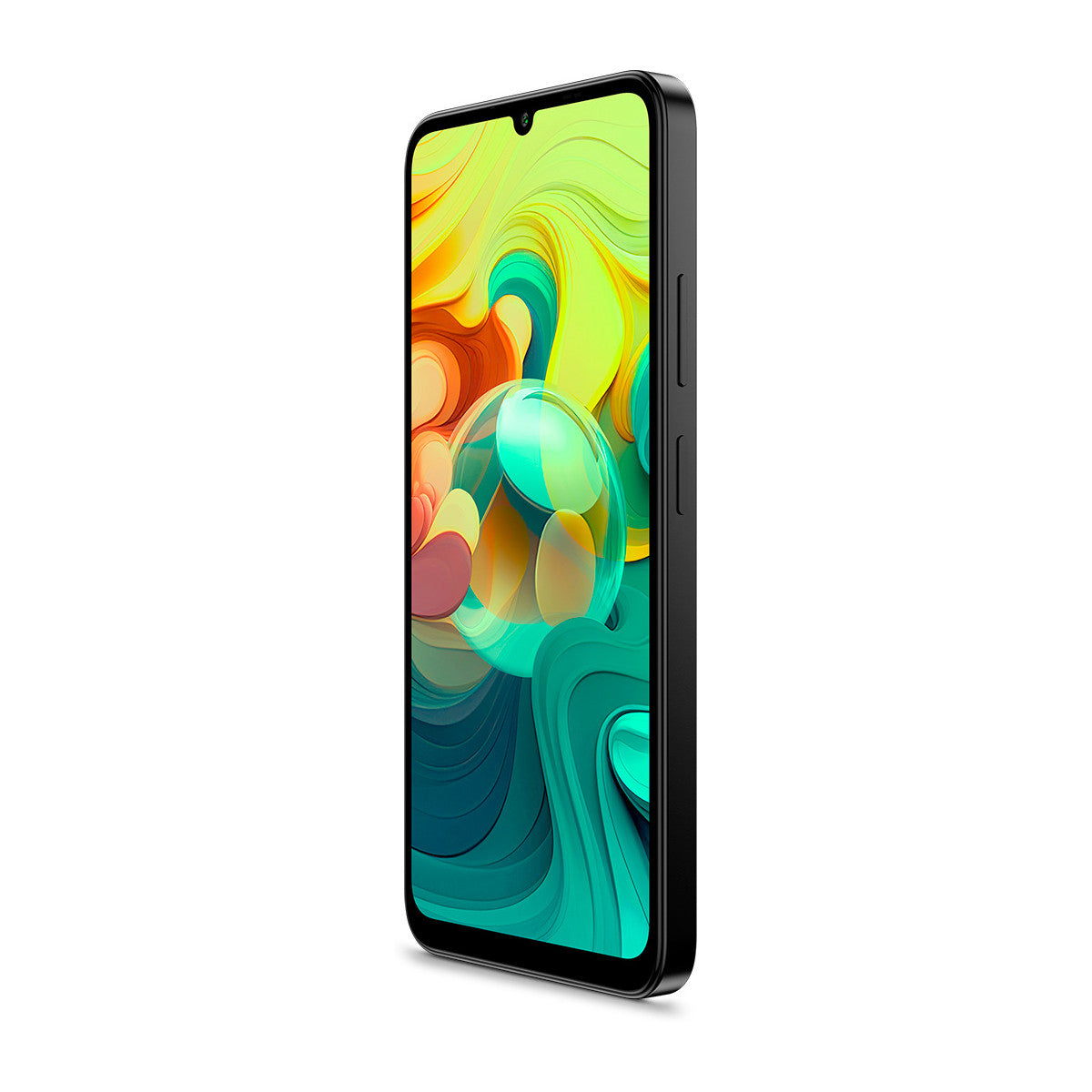 Schwarzes Smartphone von der Seite betrachtet. Der Bildschirm zeigt ein abstraktes, farbenfrohes Hintergrundbild. Tasten an der Seite.