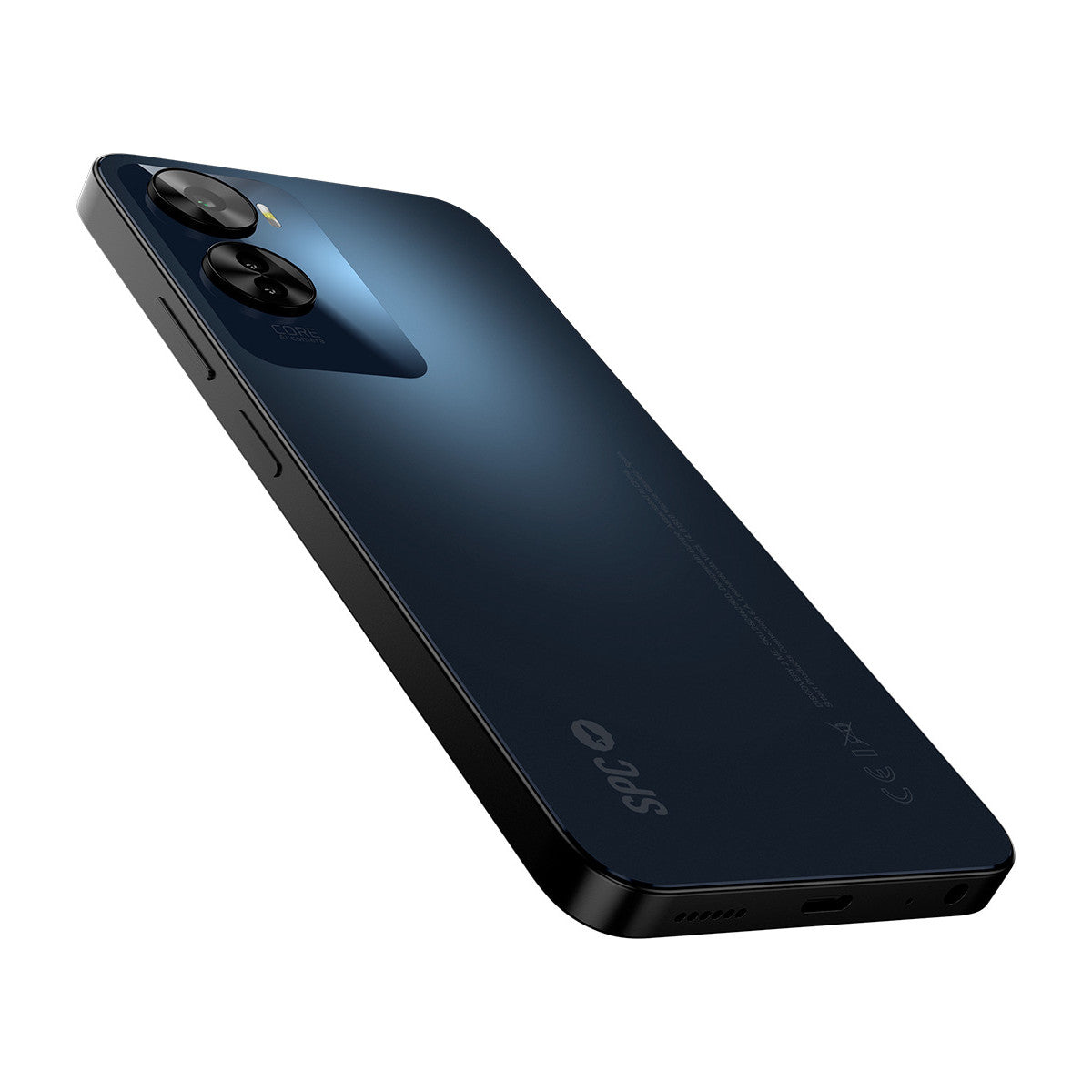 Blaues Smartphone auf weißem Hintergrund, mit Kameralinsen, Tasten und dem SPC-Logo.