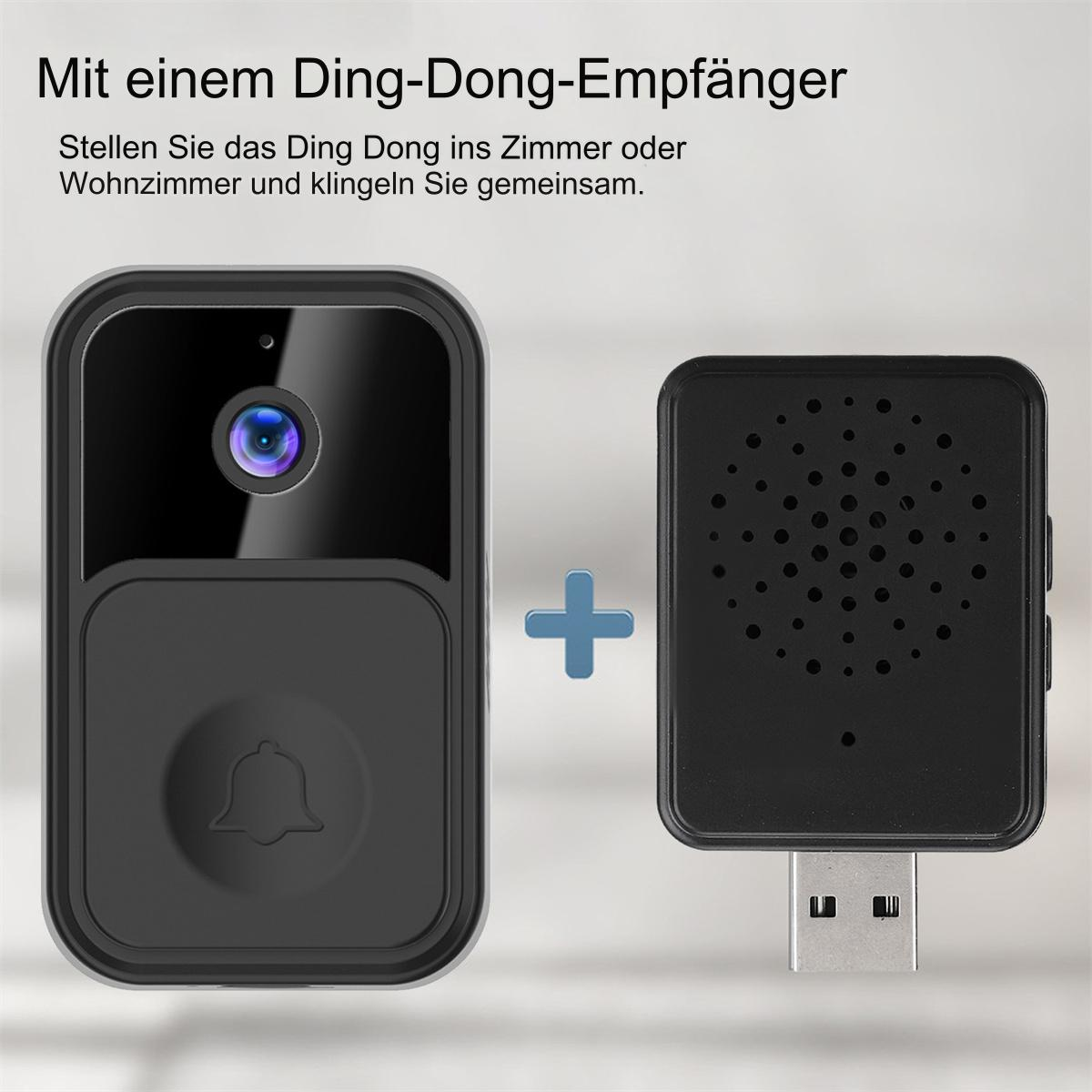 Schwarze Türklingel mit Kamera und kleinem Empfänger mit USB-Anschluss. Das Setup vor weißem Hintergrund.