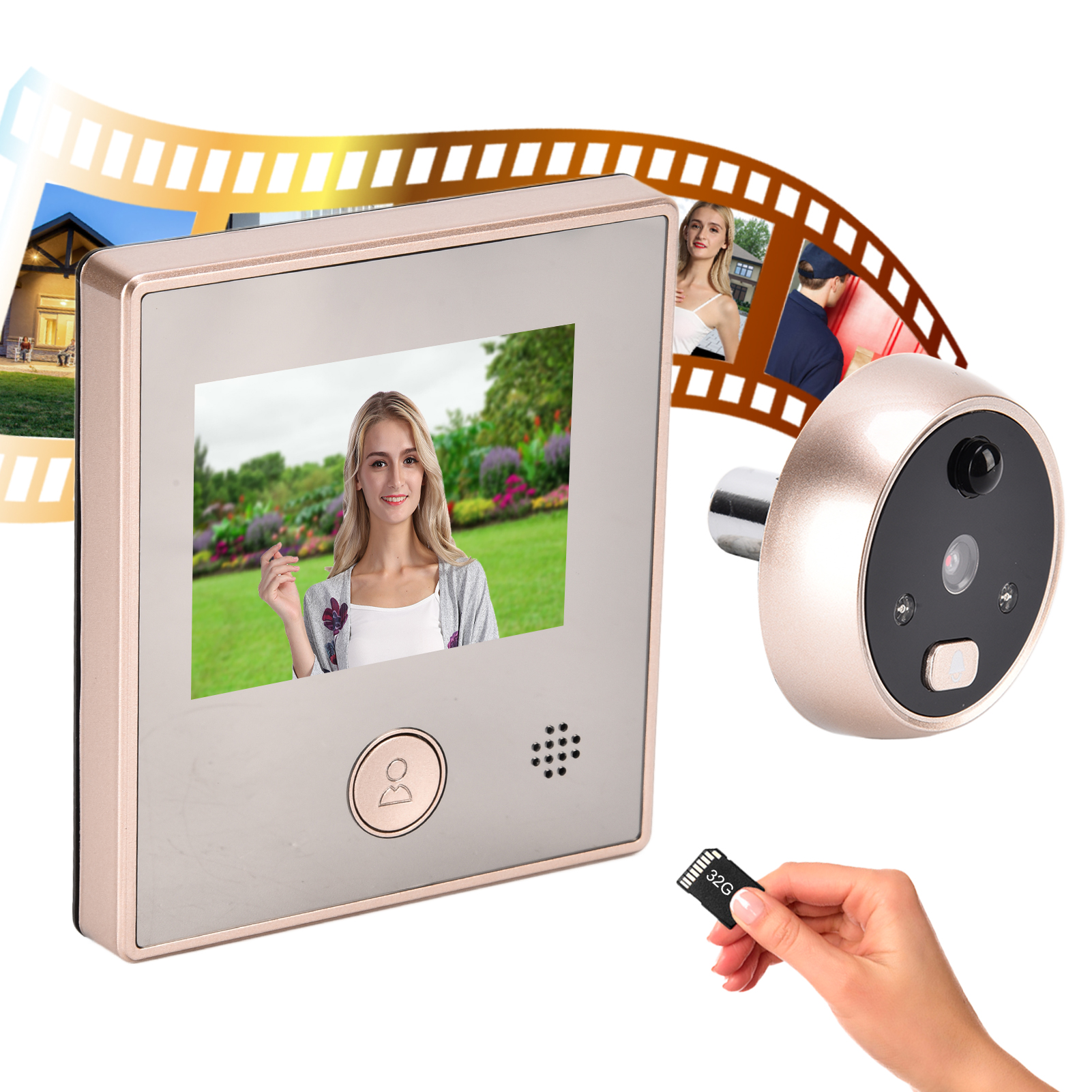 Digitaler Türspion mit Bildschirm, der das Foto einer Frau zeigt. Eine Hand hält eine SD-Karte.