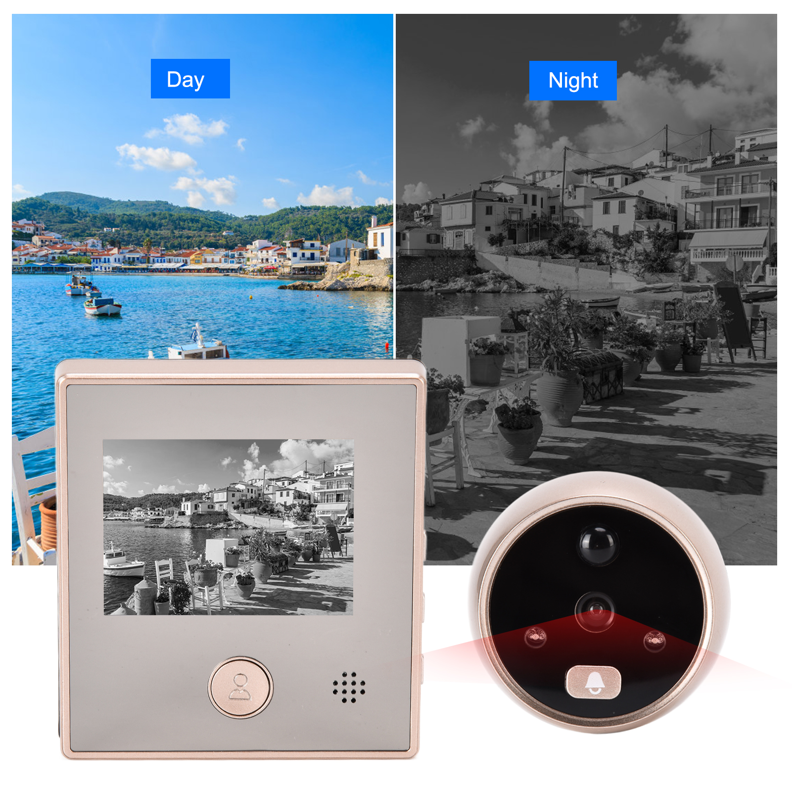 Türklingel-Kamera zeigt Tages- und Nachtansichten. Tag: sonnige Szene. Nacht: Schwarz-Weiß-Szene. Rotes Licht.
