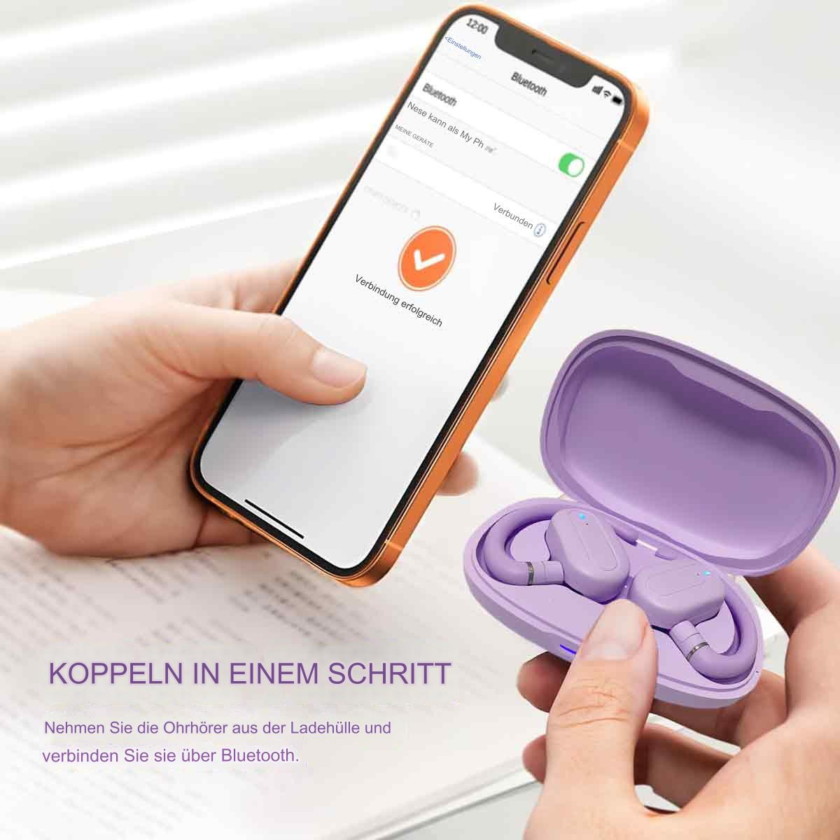 Ein Telefon, das eine Bluetooth-Verbindung mit Ohrhörern in einem lila Ladeetui anzeigt.