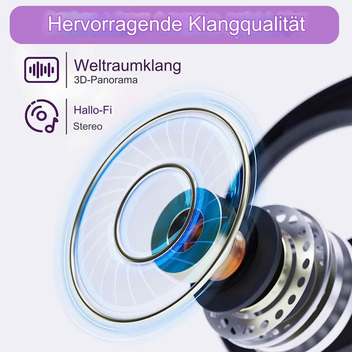 Kopfhörer mit transparentem Element, mit Schallwellen- und Hall-Fi-Symbolen, auf schwarzem Hintergrund.