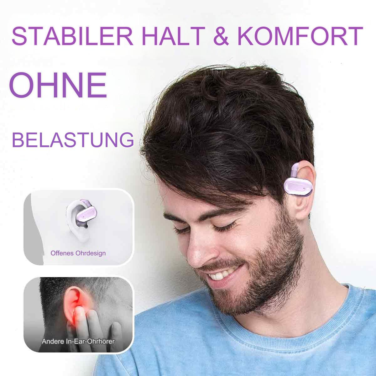 Ein Mann mit Headset und Text über stabilen Komfort und offenes Ohrendesign.