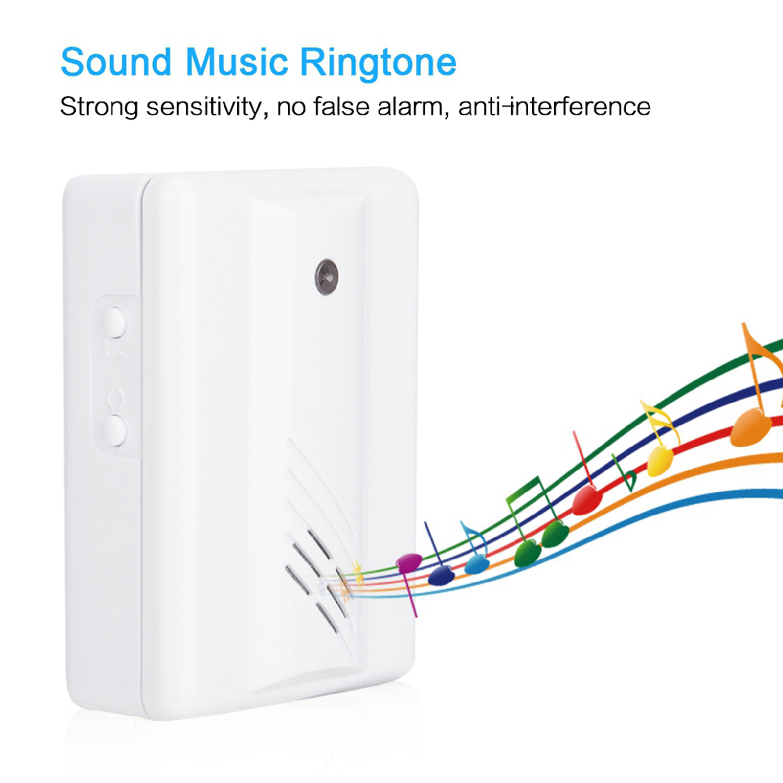 Eine weiße Türklingel mit Musiknoten, die herausströmen. Text: 'Sound Music Ringtone'.