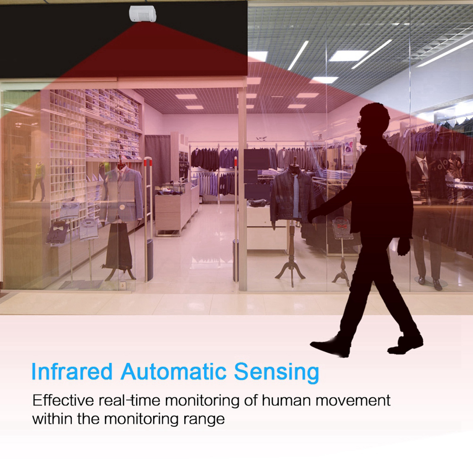 Infrarotsensor in einem Ladeneingang mit Person, die durch die Erkennungszone geht.