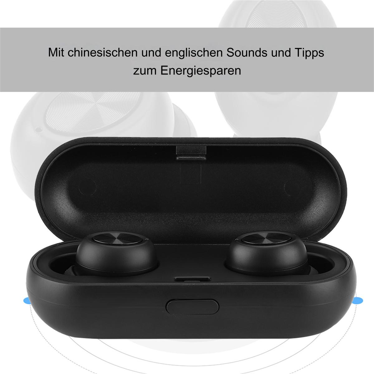 Schwarzes Ladecase mit Ohrhörern. Text oben. Der Hintergrund ist unscharf.