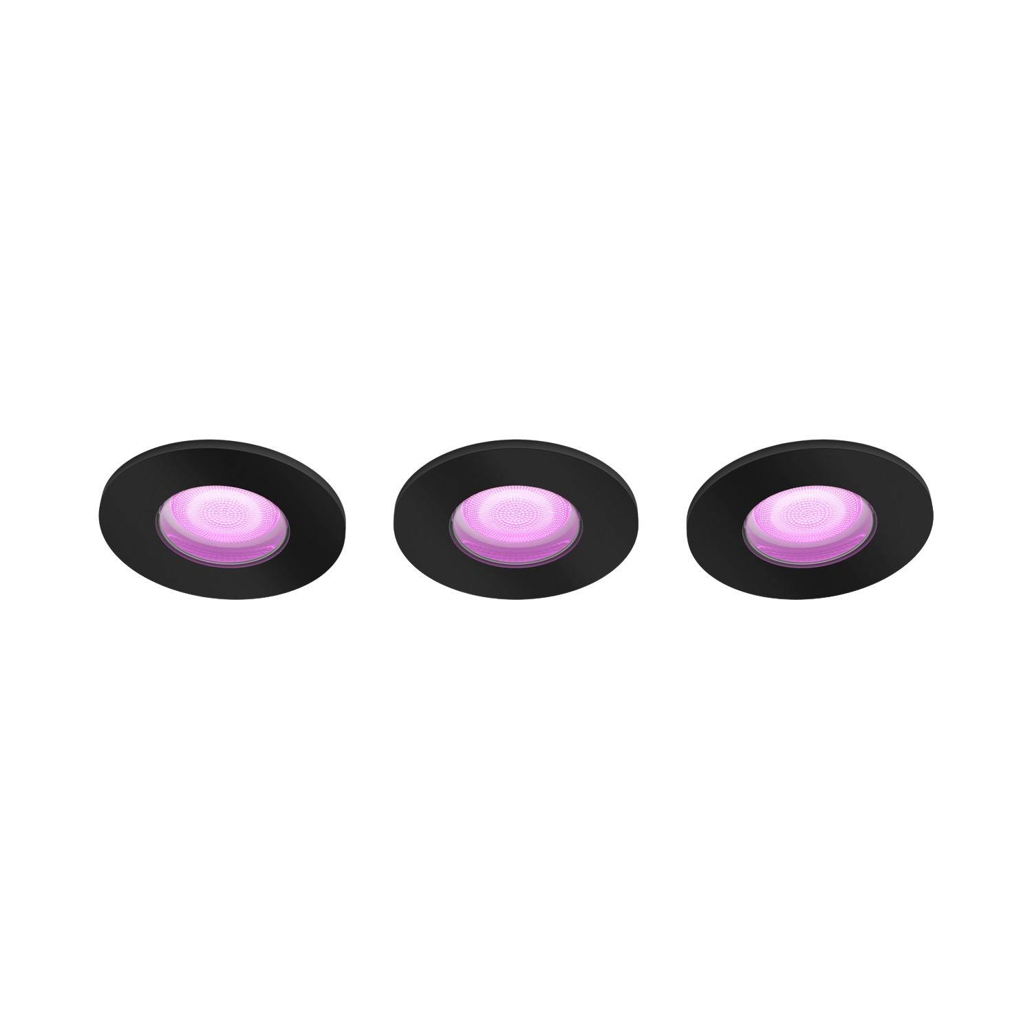 Tre faretti circolari neri a incasso. Ognuno ha una luce interna rosa-viola.