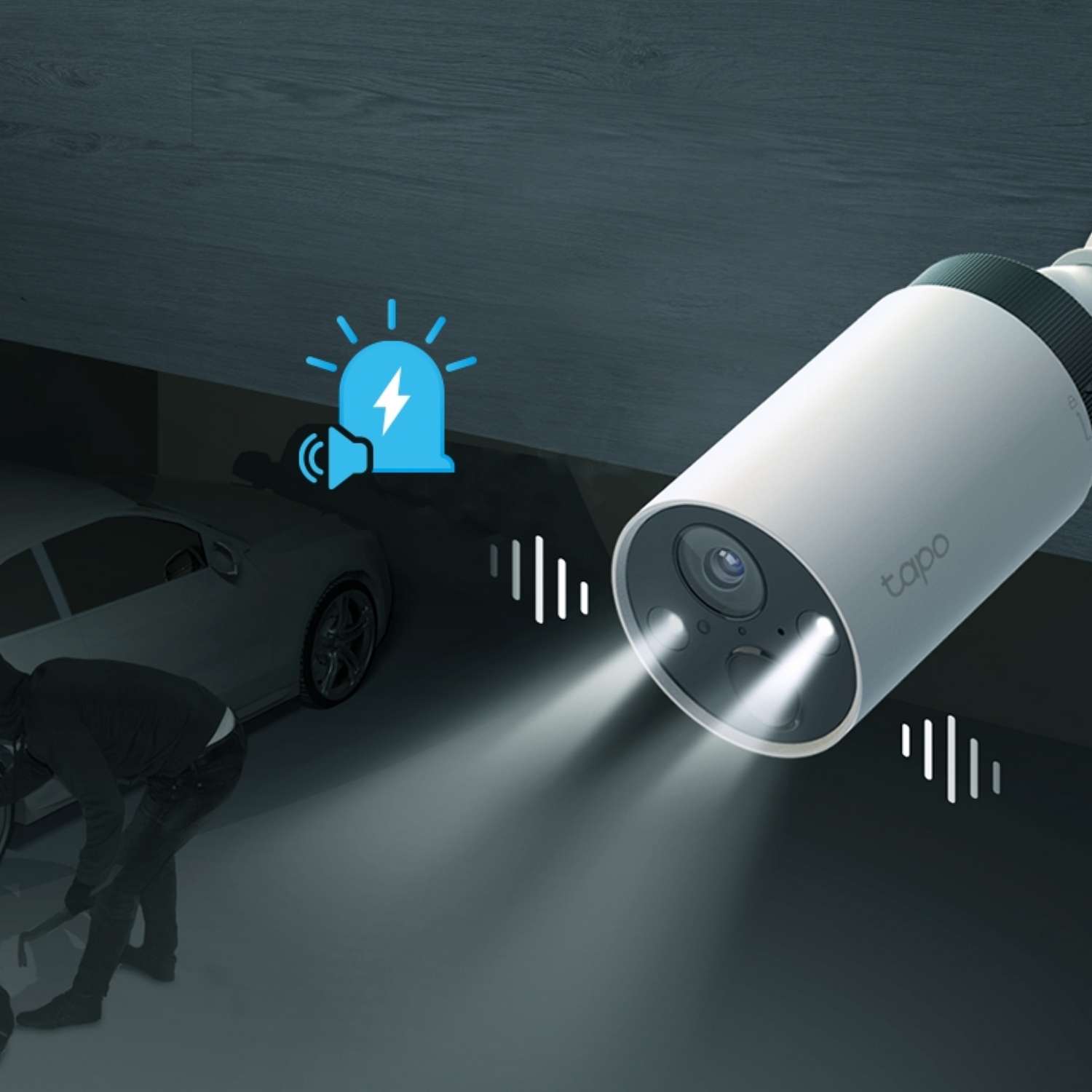 Telecamera di sicurezza, che mostra un ladro in un garage. Icona della sirena nell'angolo. Sfondo scuro.