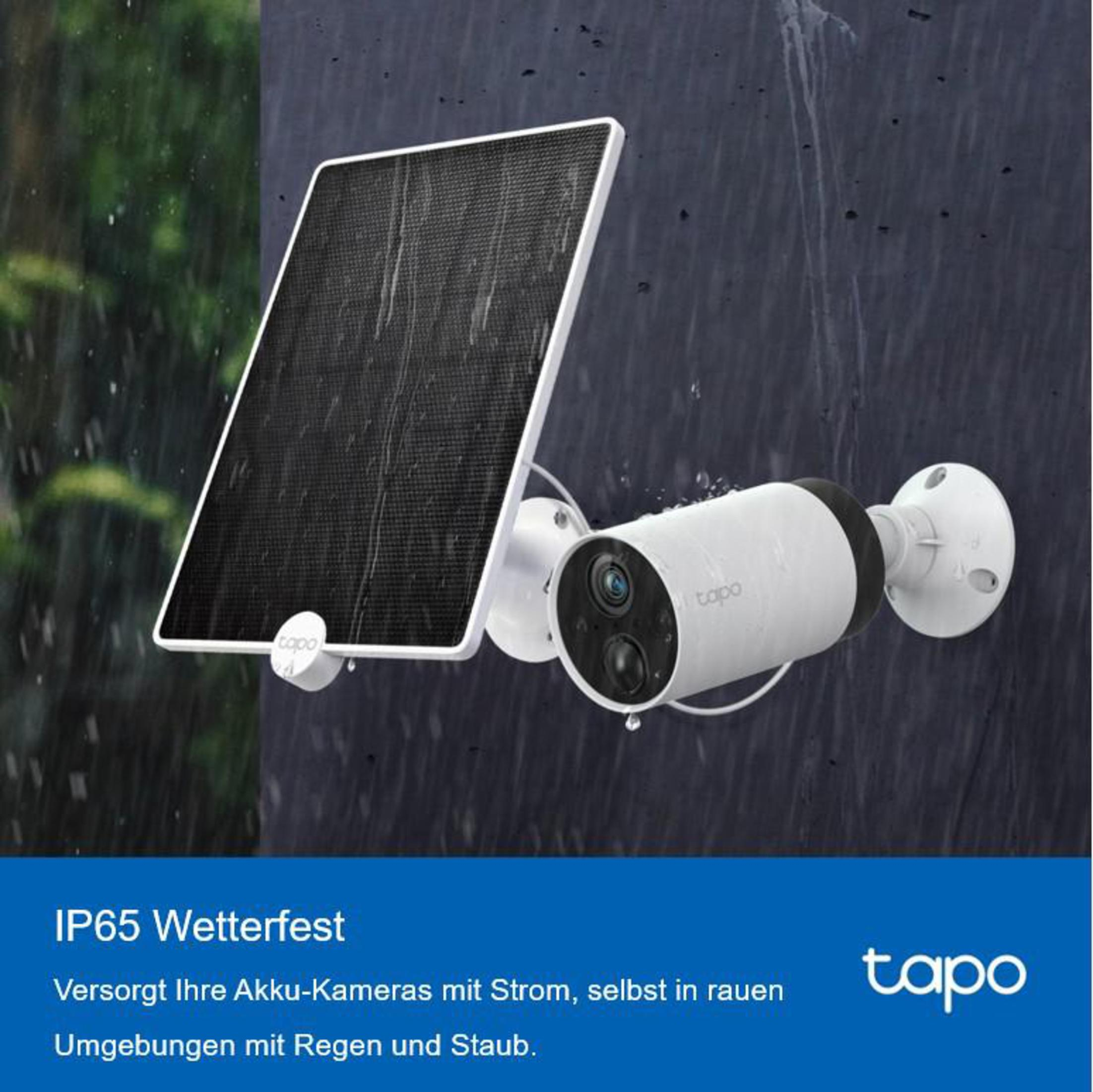 Telecamera di sicurezza esterna con pannello solare. Testo: 'IP65 Wetterfest'.